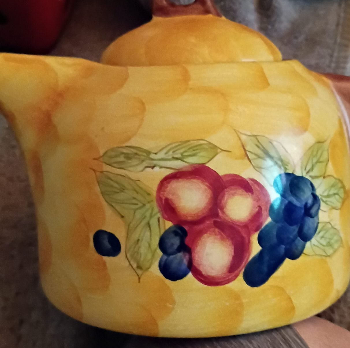 Vintage Yellow Teapot with Fruit Design