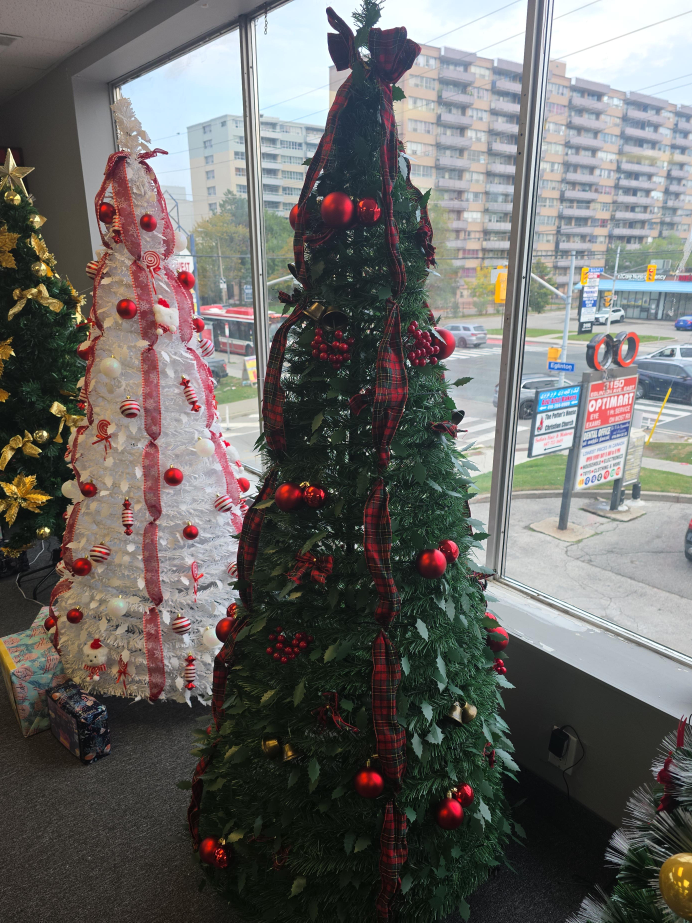 Christmas Tree with Red Ornaments and Plaid Ribbon thumbnail