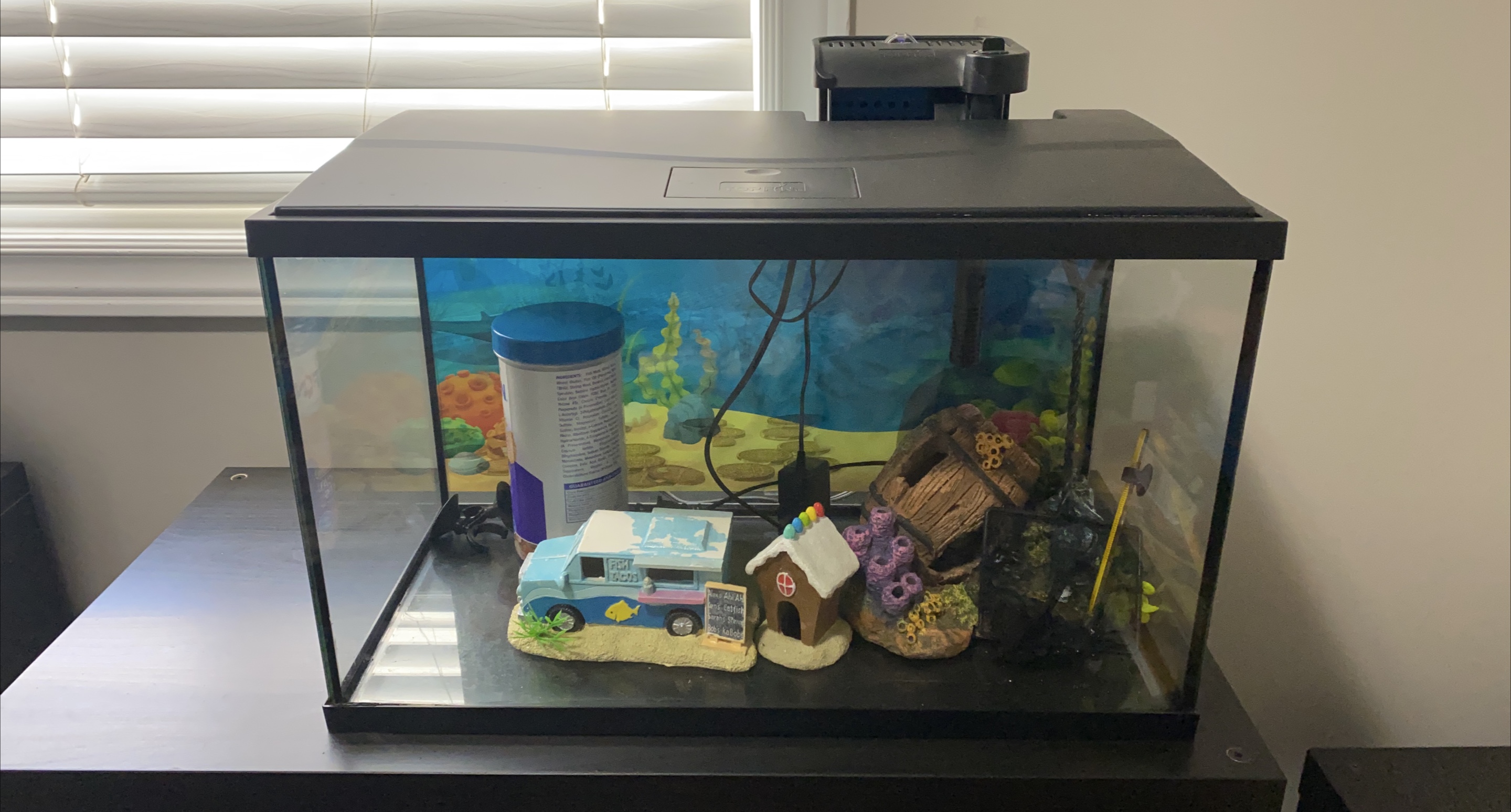 Aquarium Tank with Decor and Food Container