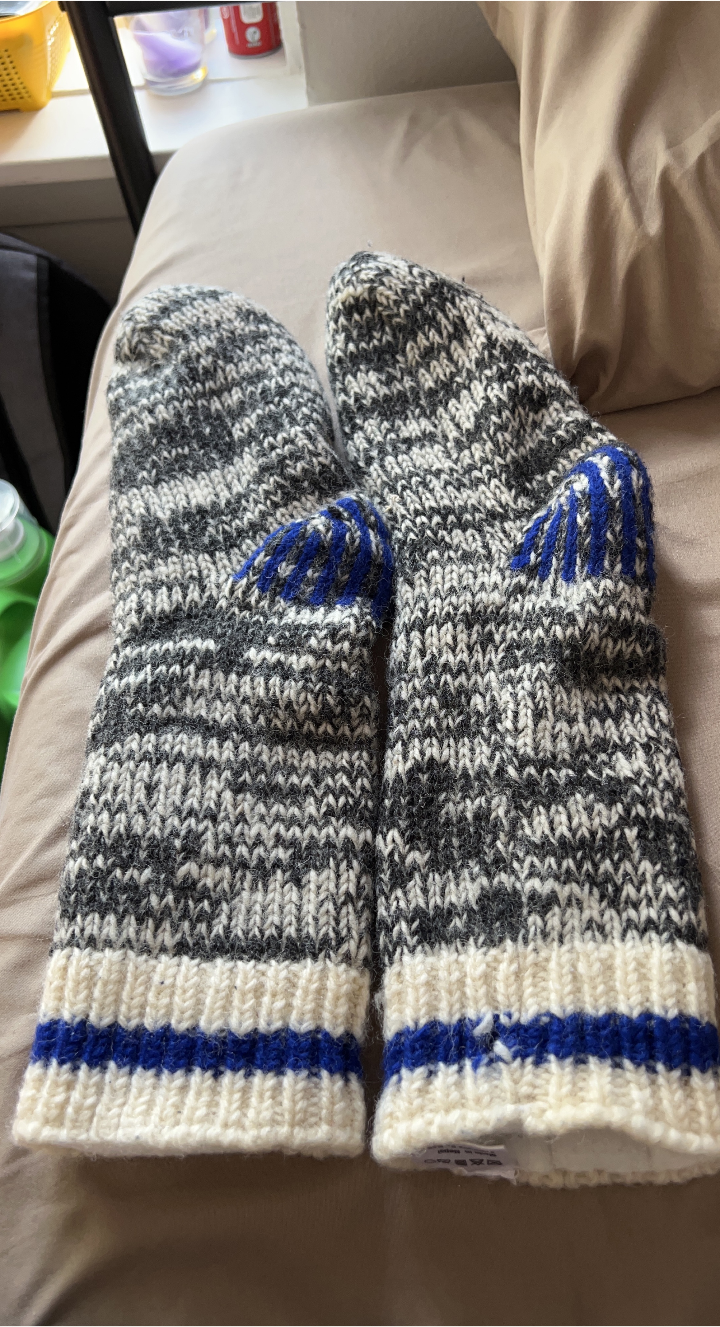Hand Knit Wool Socks - Grey, White, Blue thumbnail
