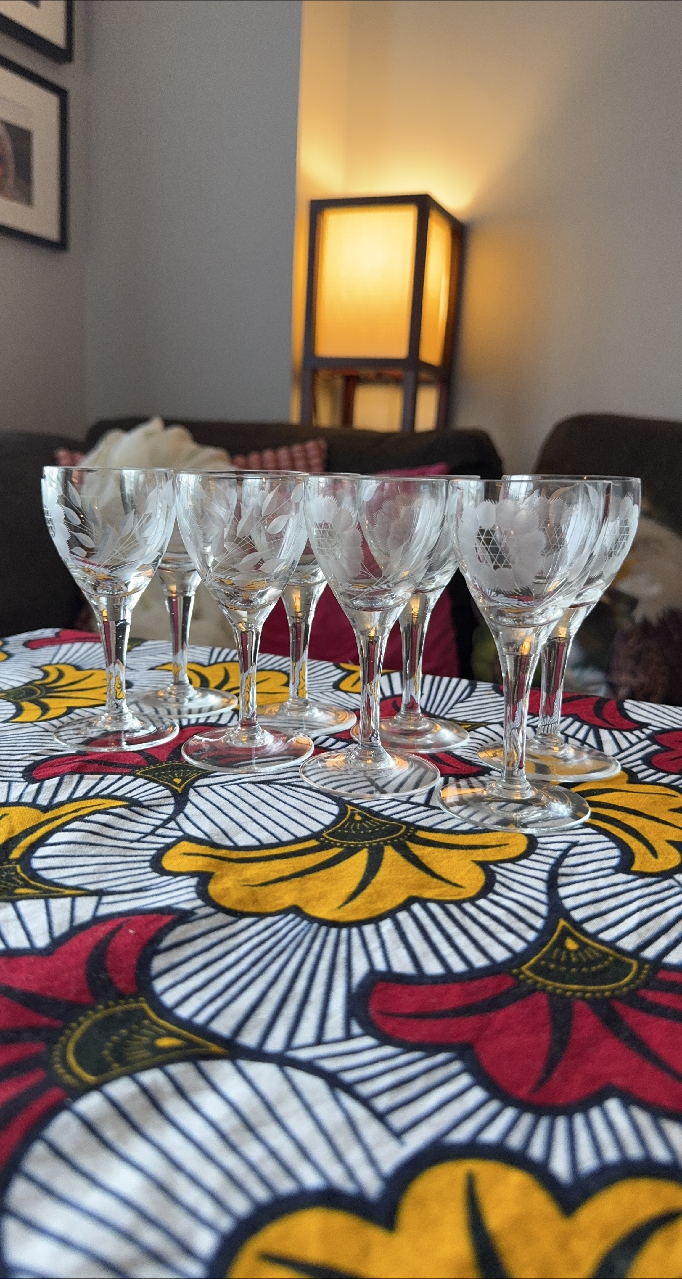 Set of 6 Etched Crystal (mini) Wine Glasses