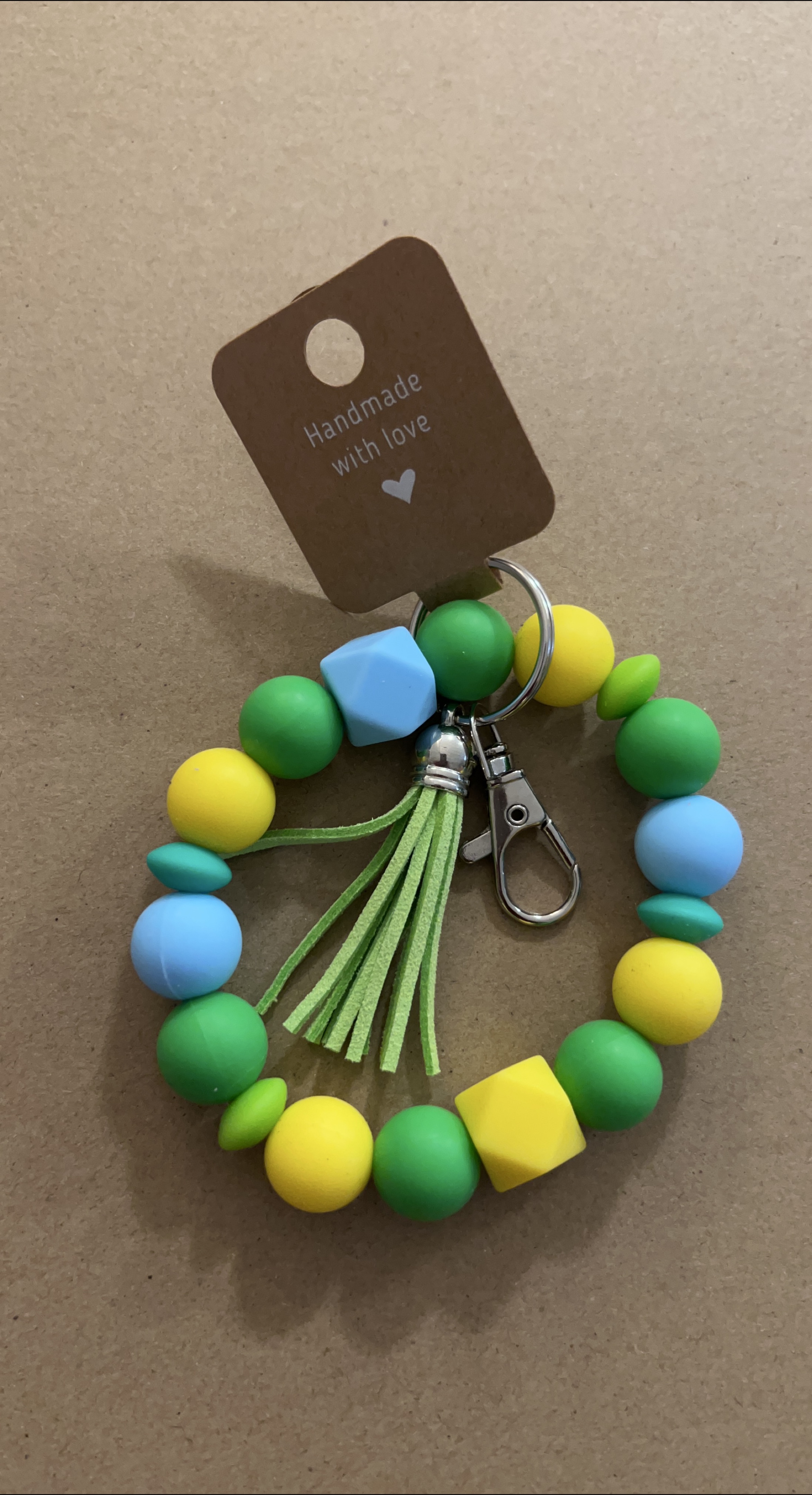 Handmade Beaded Bracelet Keychain - Green, Yellow, Blue thumbnail