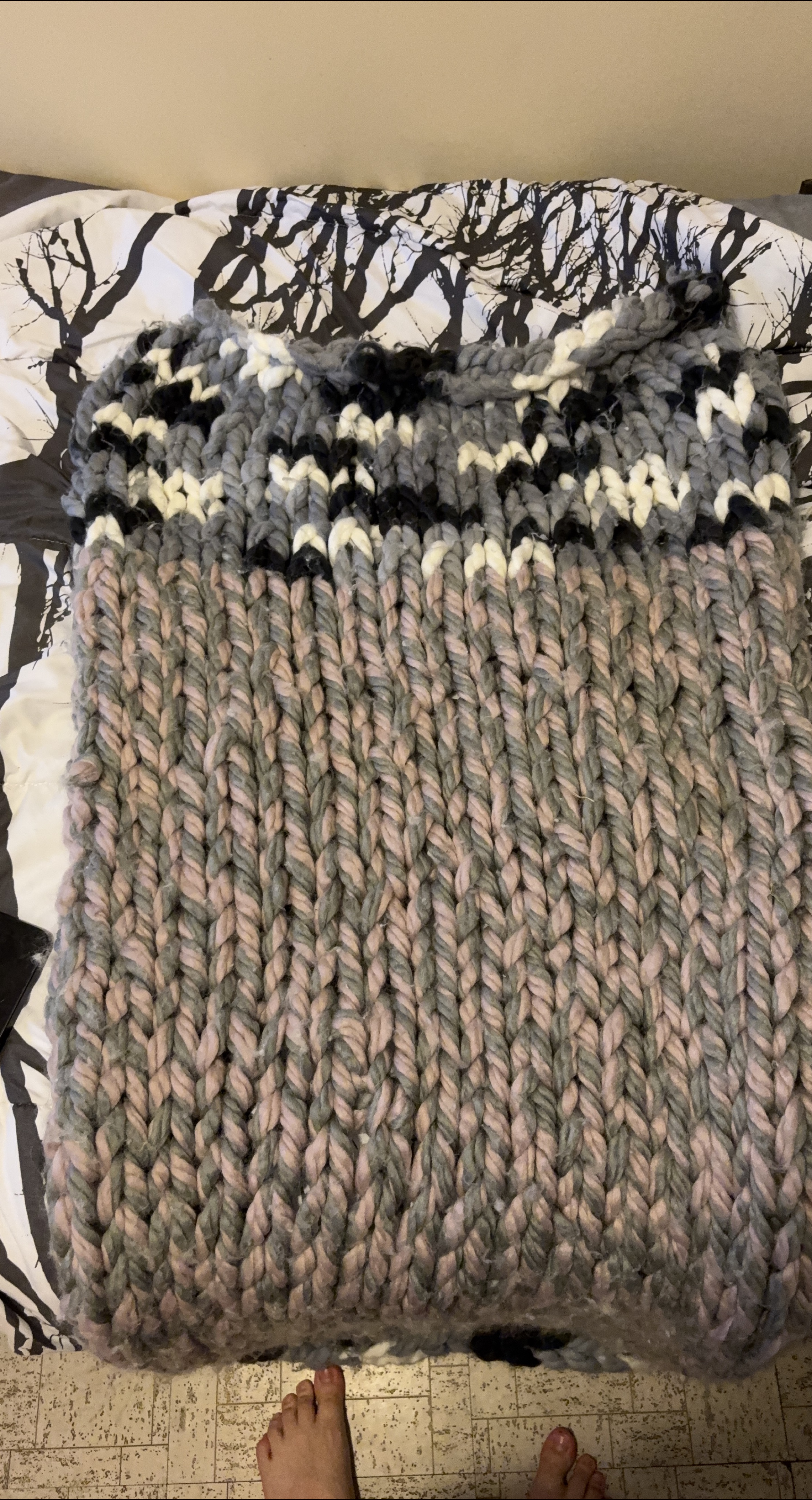 Handmade Chunky Knit Blanket - Grey, Pink, Black & White