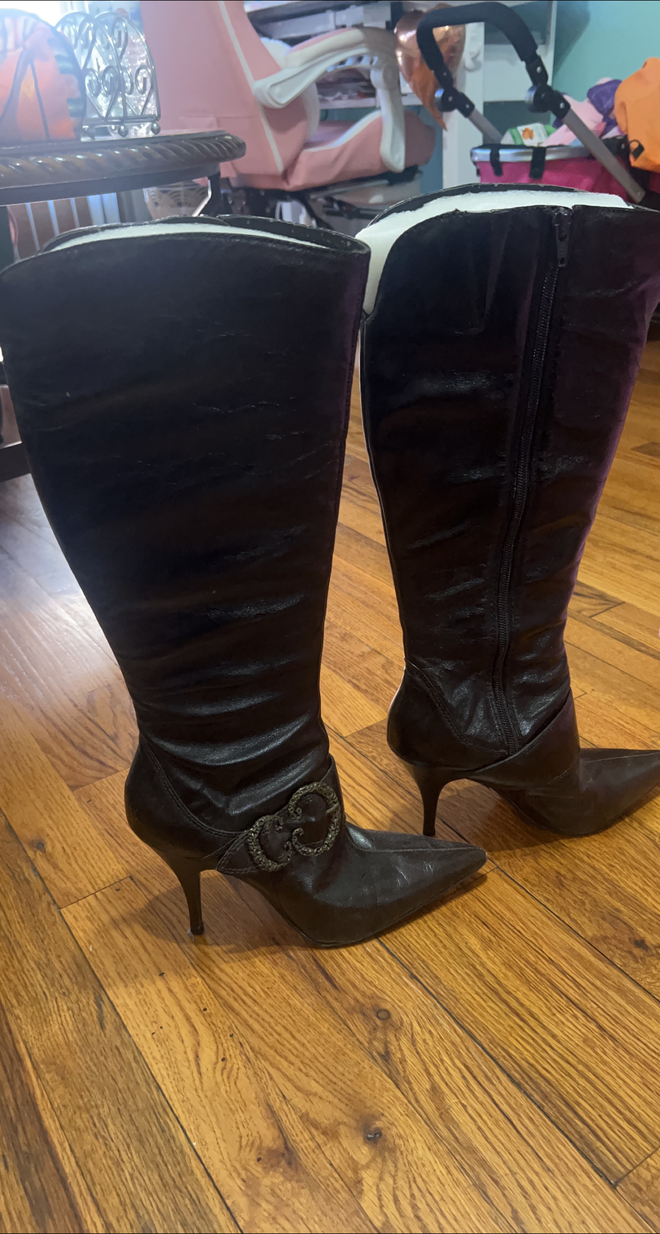 Black Leather Knee High Heel Boots