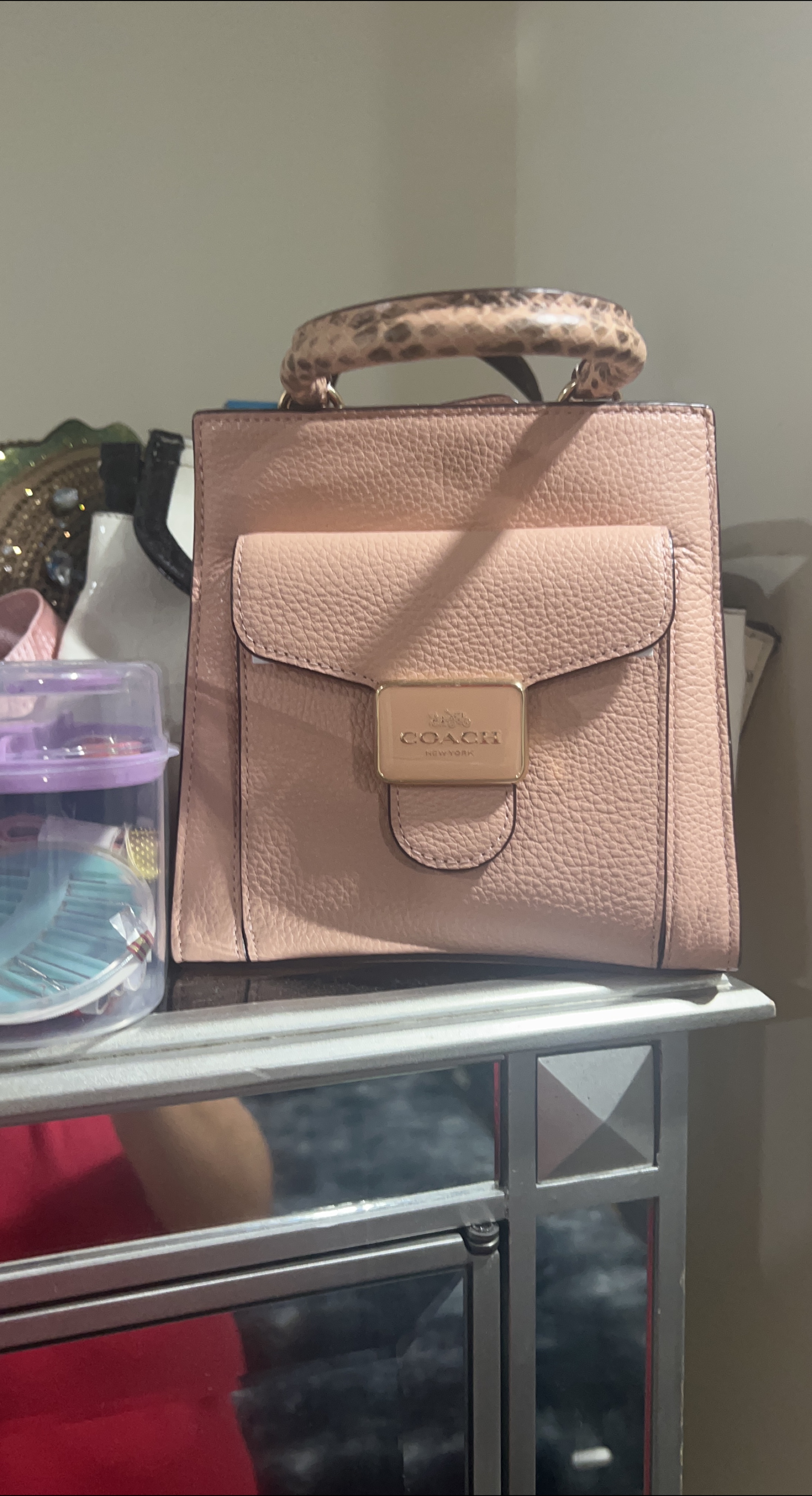 Coach Pink Pebbled Leather Satchel with Leopard Print Handle