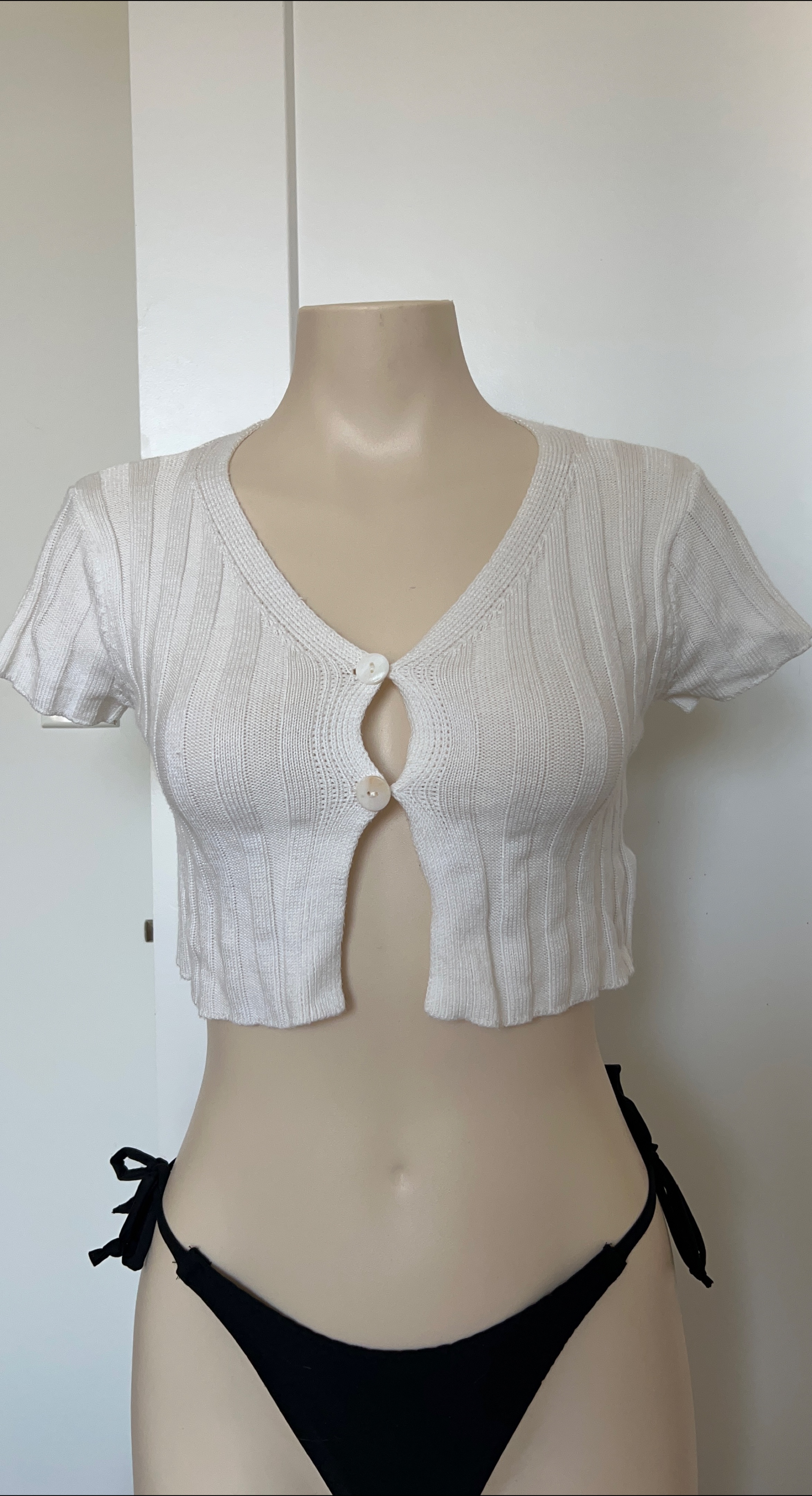 White Knit Button-Up Cropped Cardigan thumbnail