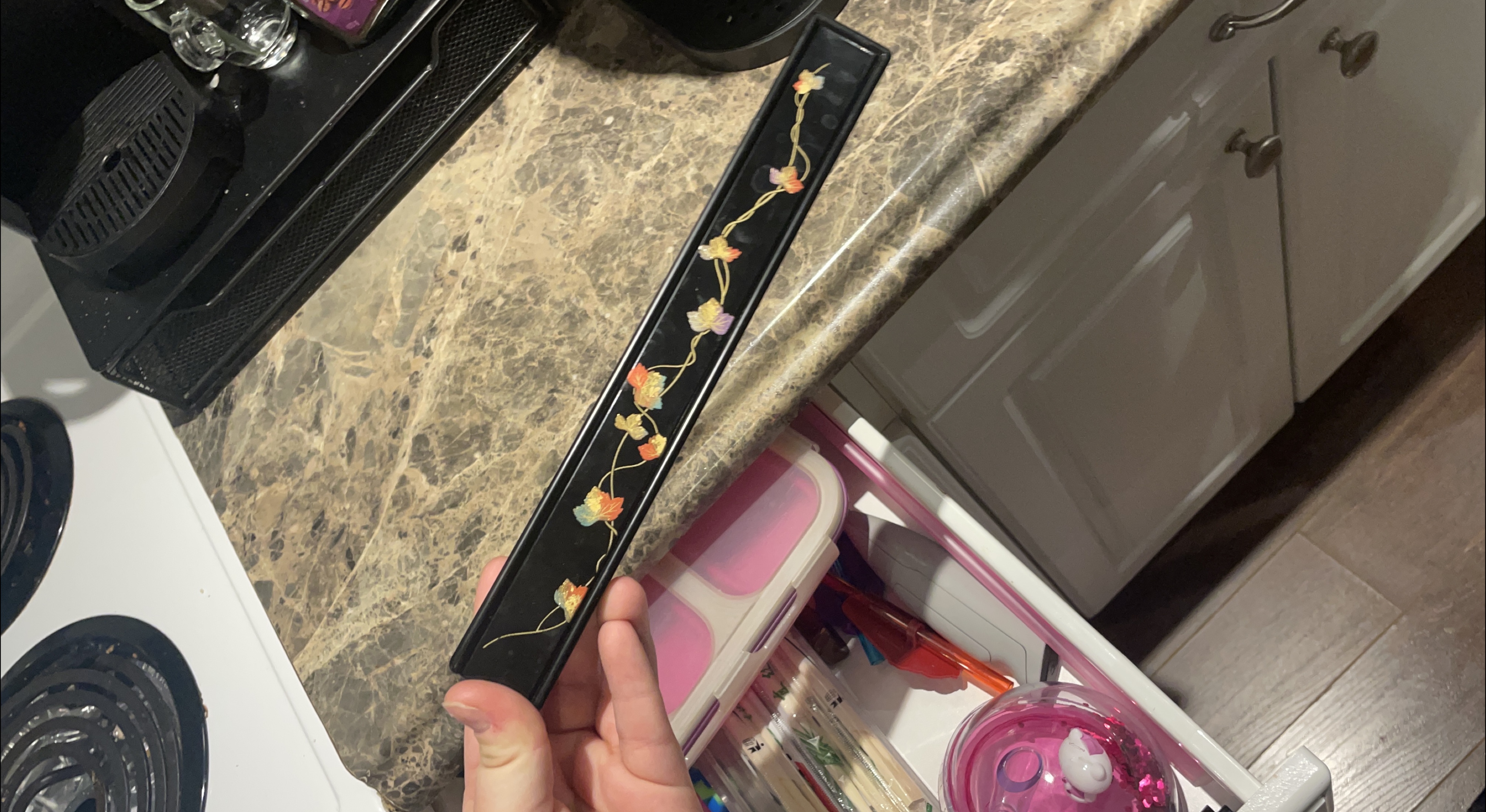 Black Lacquer Chopstick Rest with Floral Design thumbnail