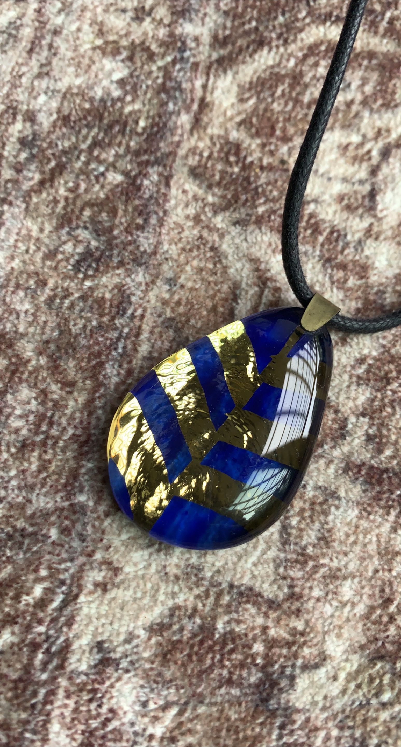 Glass Pendant Necklace with Blue and Gold Design