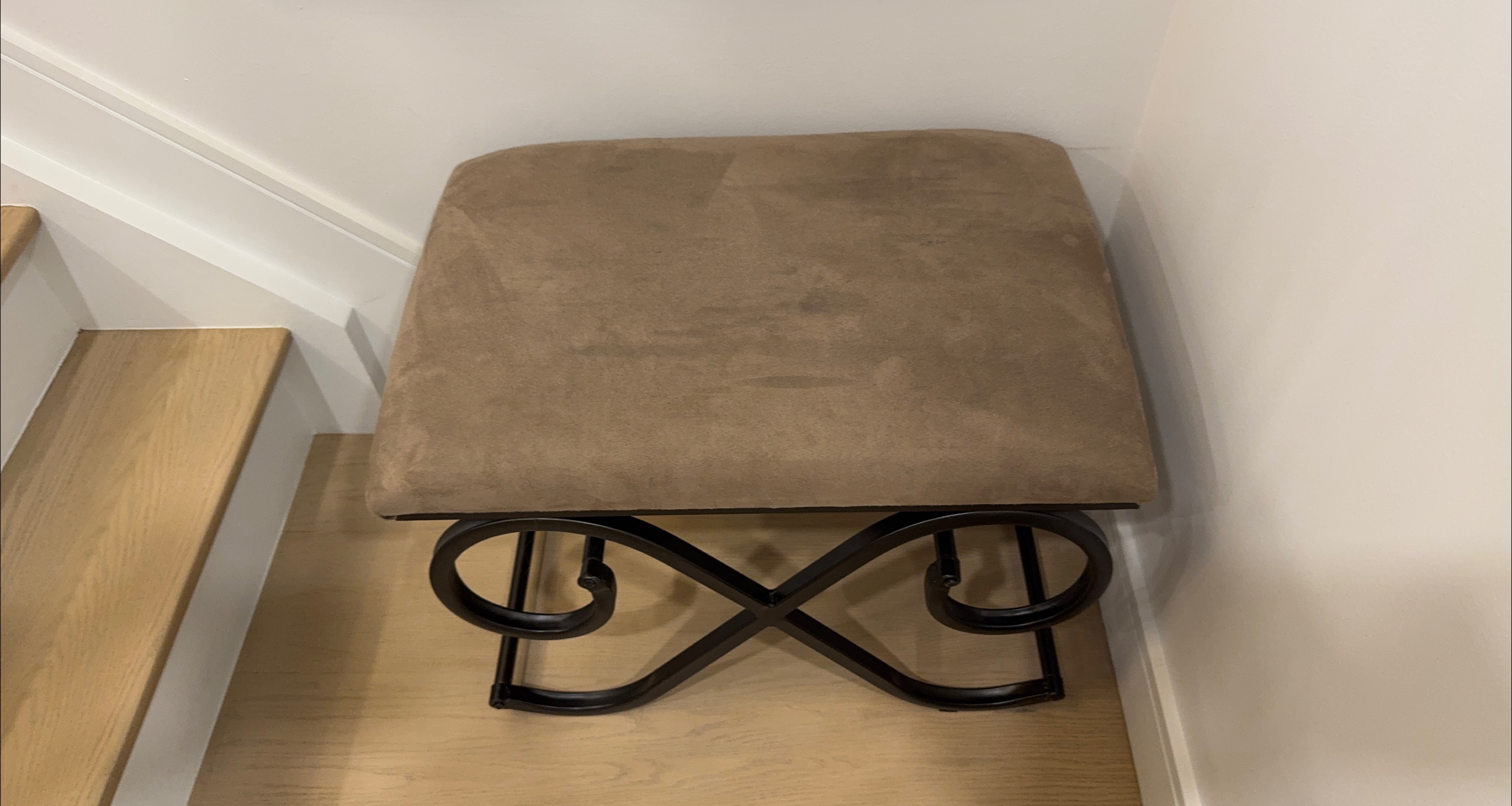 Brown Upholstered Stool with Metal Base thumbnail