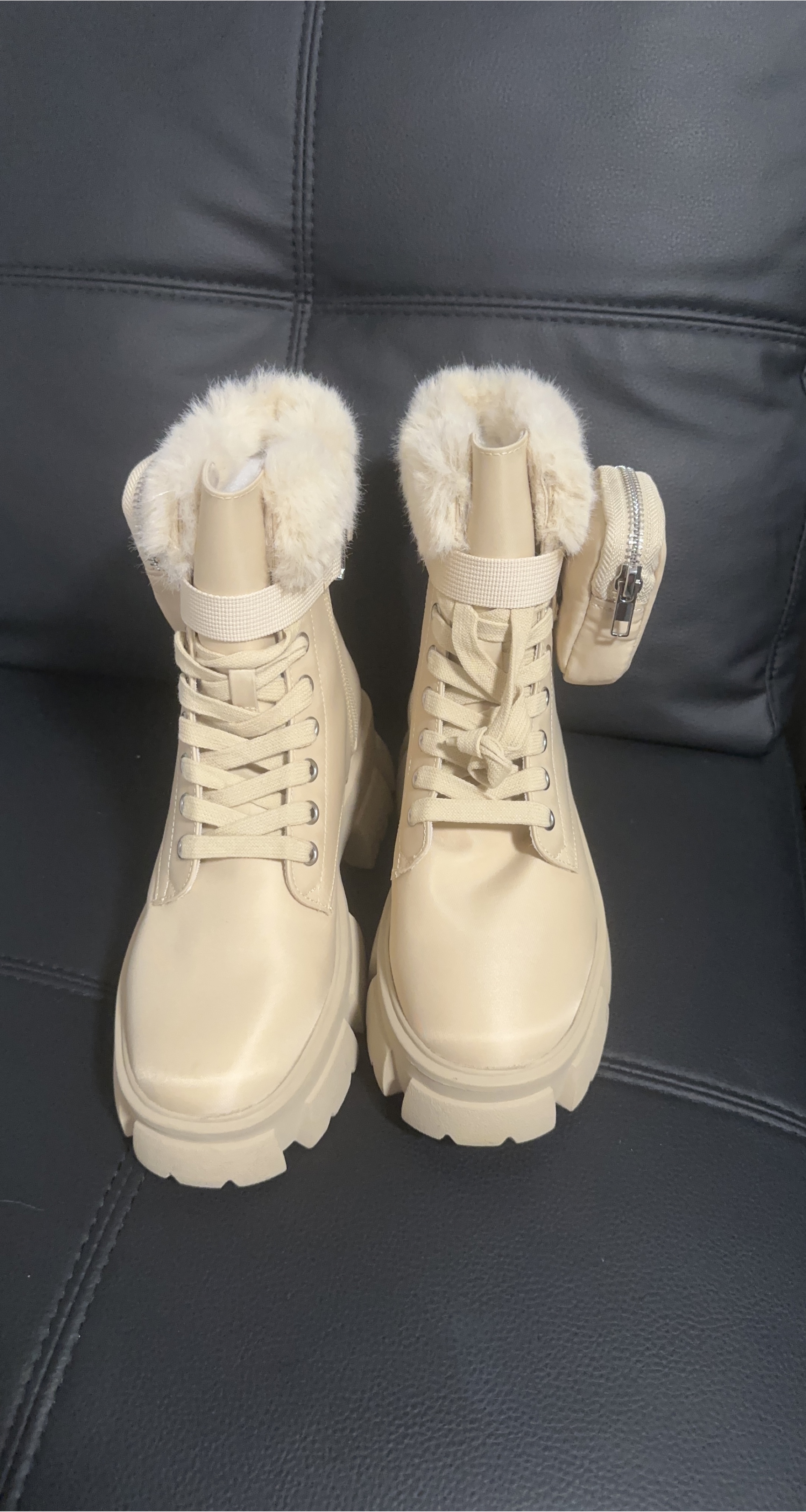 Beige Fur Trim Platform Boots