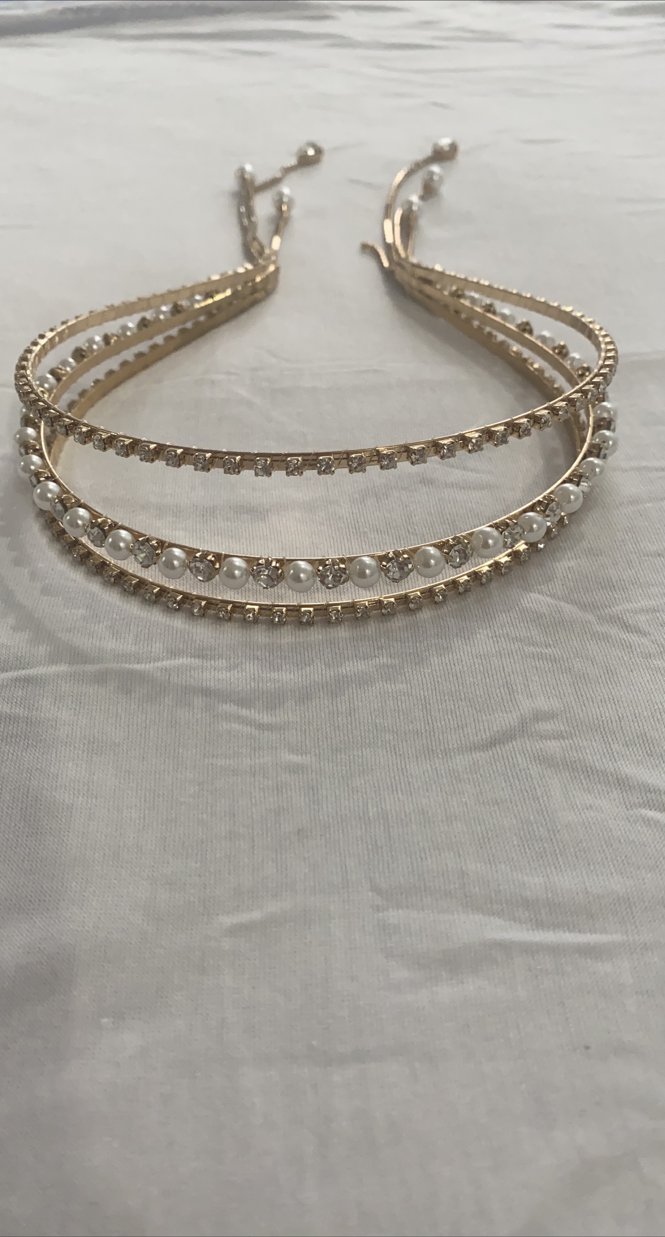 Gold Tone Layered Headband with Pearls & Rhinestones
