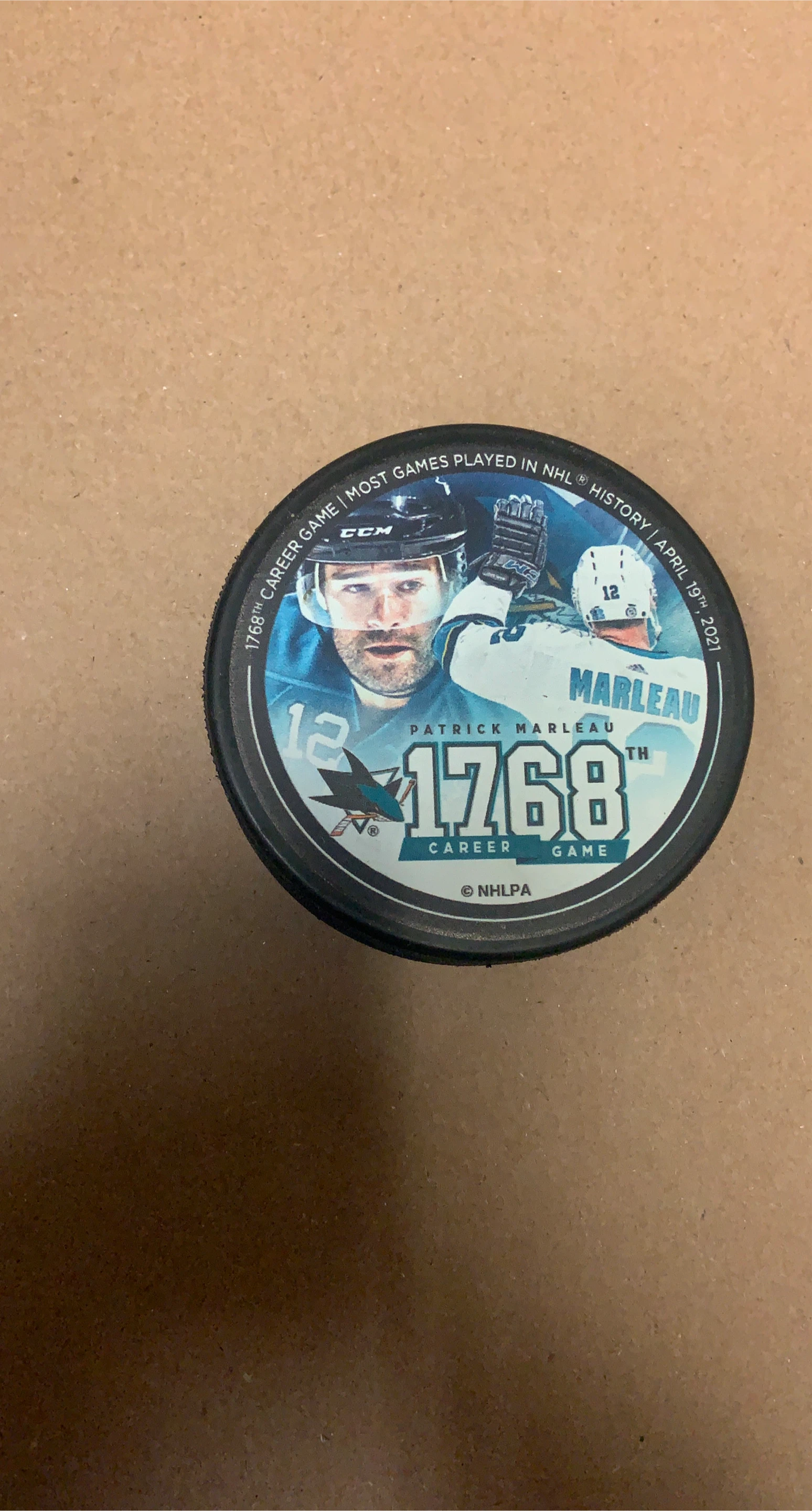 Patrick Marleau 1768th Career Game Commemorative Hockey Puck