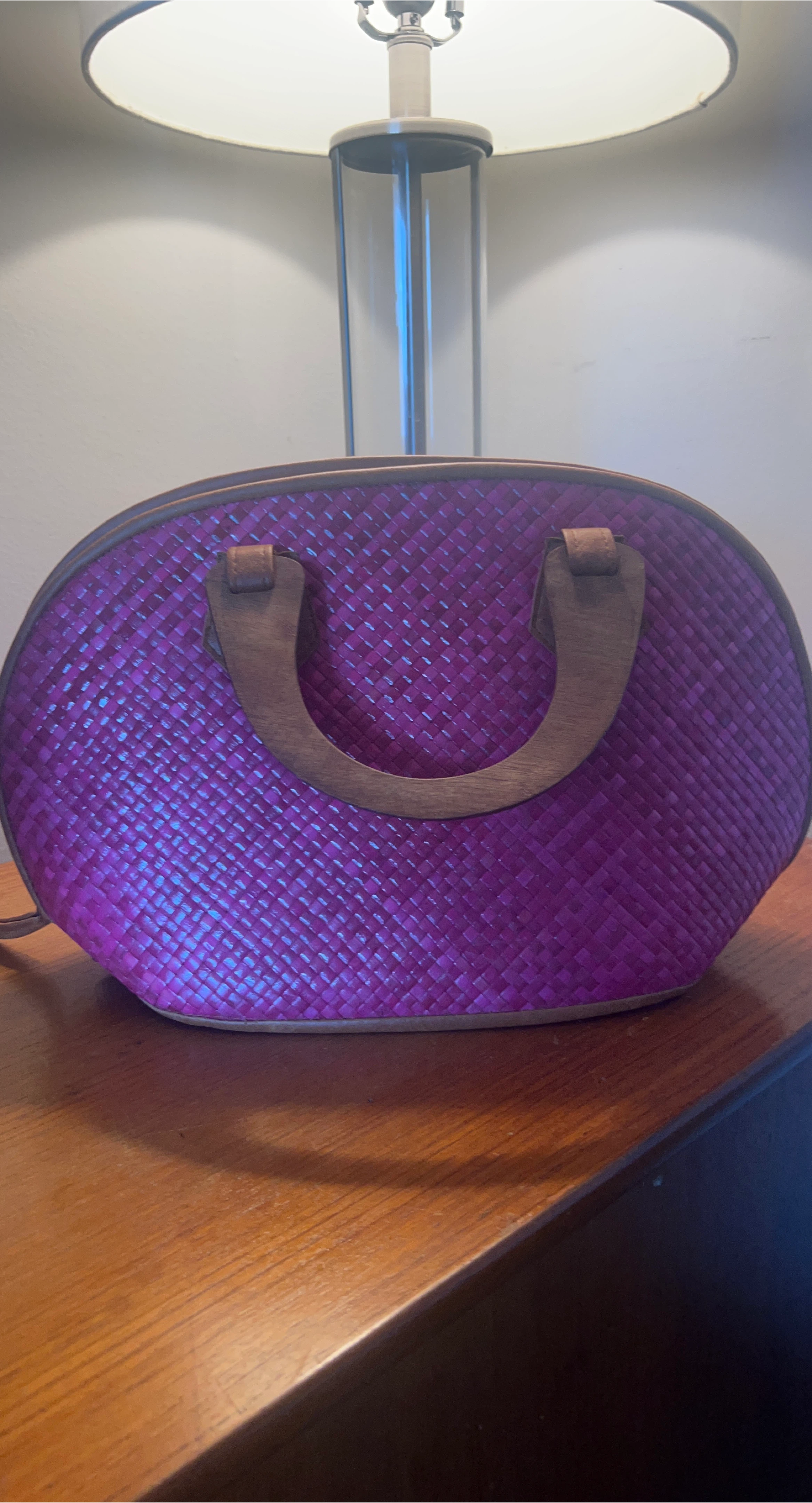 Pink  Woven Handbag with Wooden Handles thumbnail