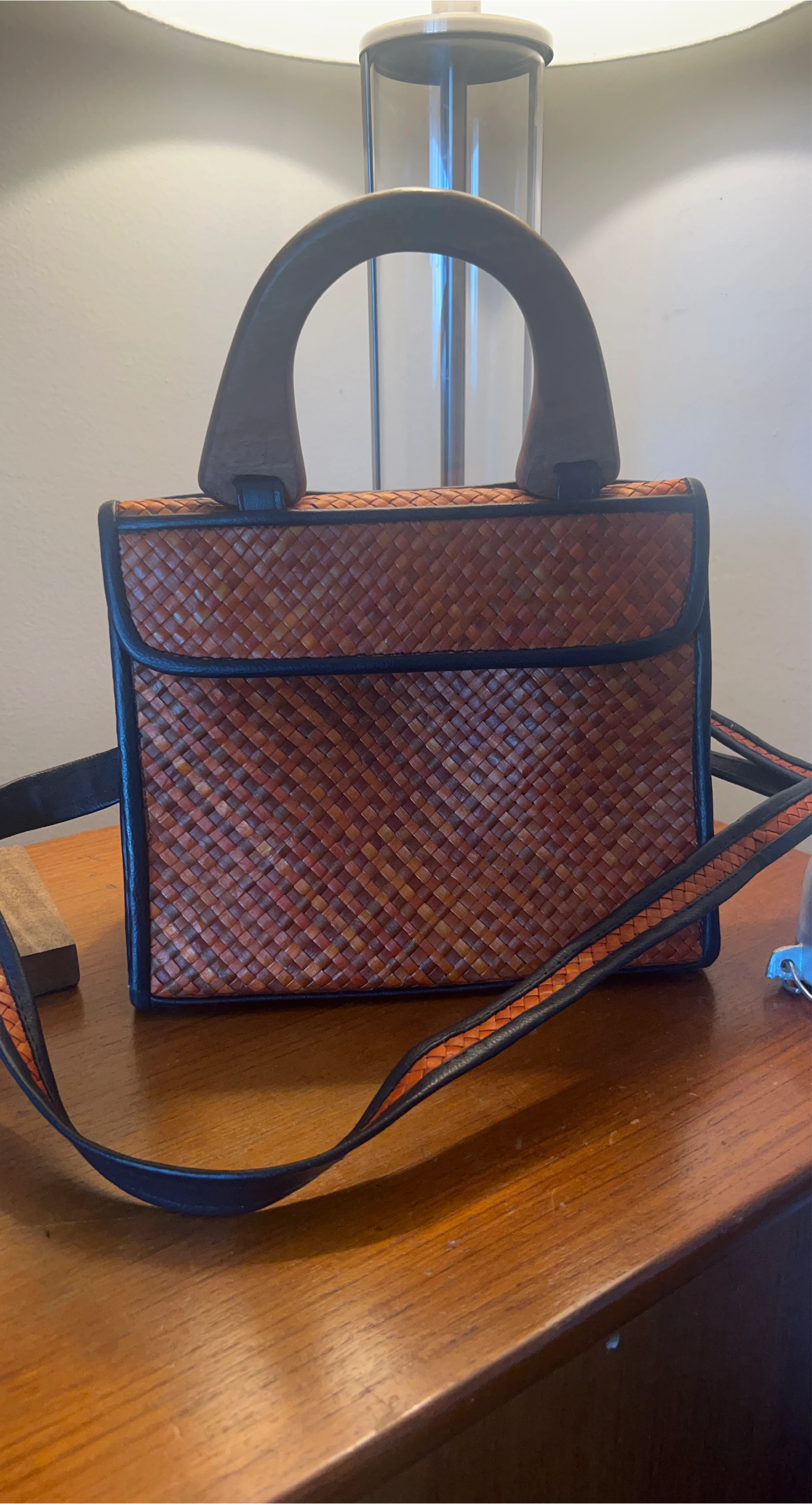 Crossed Woven Handbag with Wood Handle thumbnail