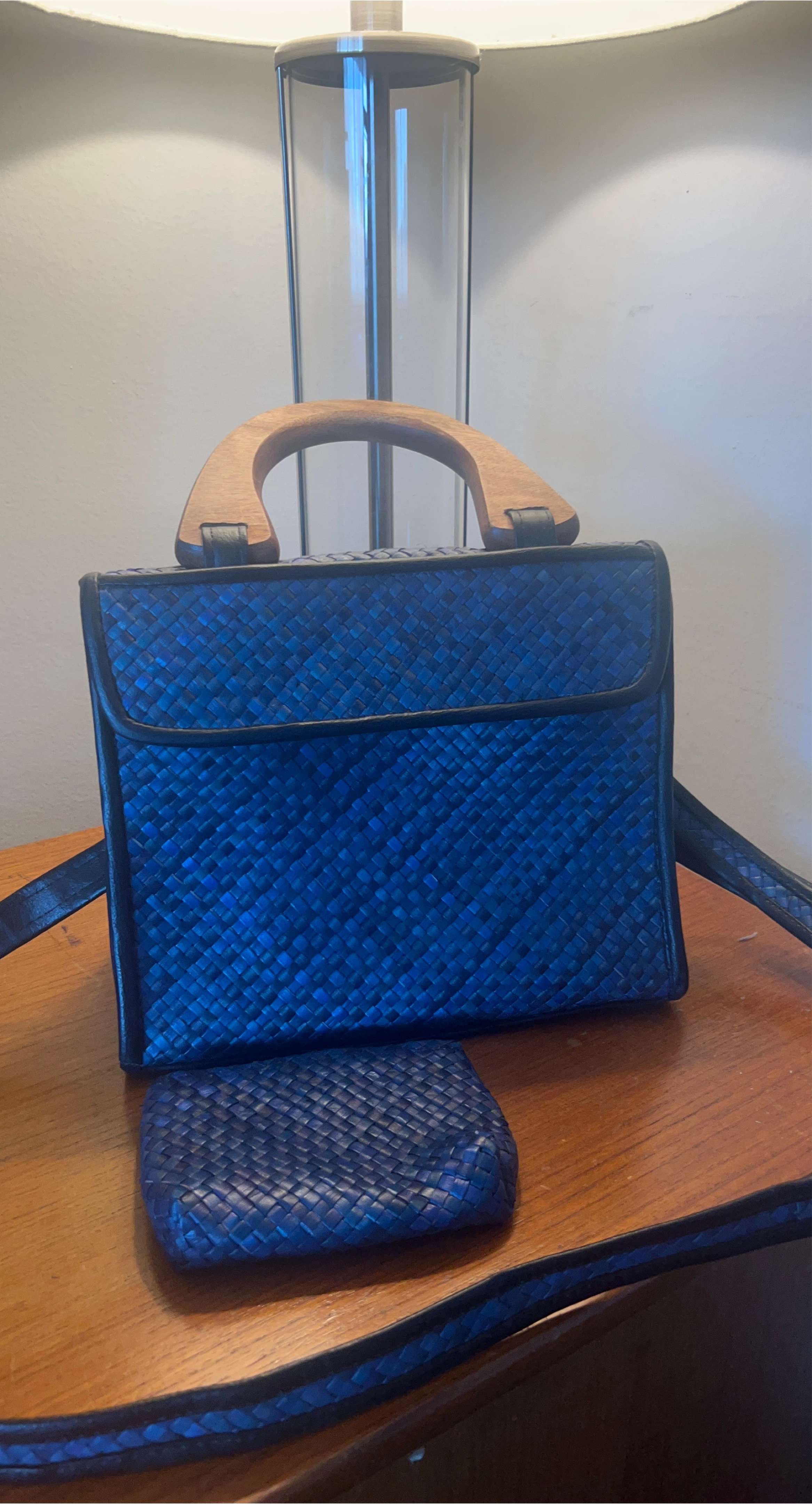 Blue Woven Handbag with Wooden Handle thumbnail