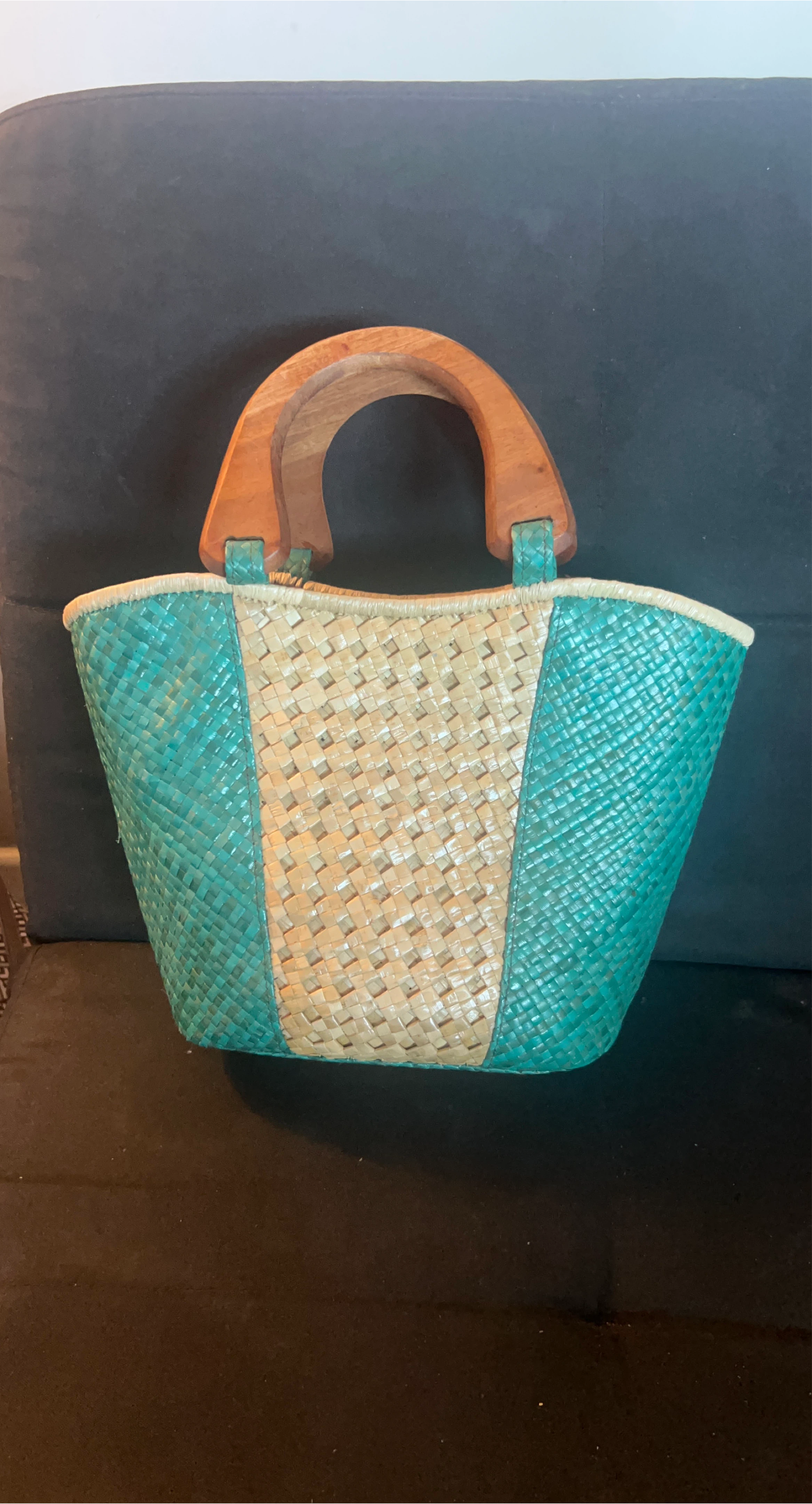 Woven Tote Bag with Wooden Handles thumbnail