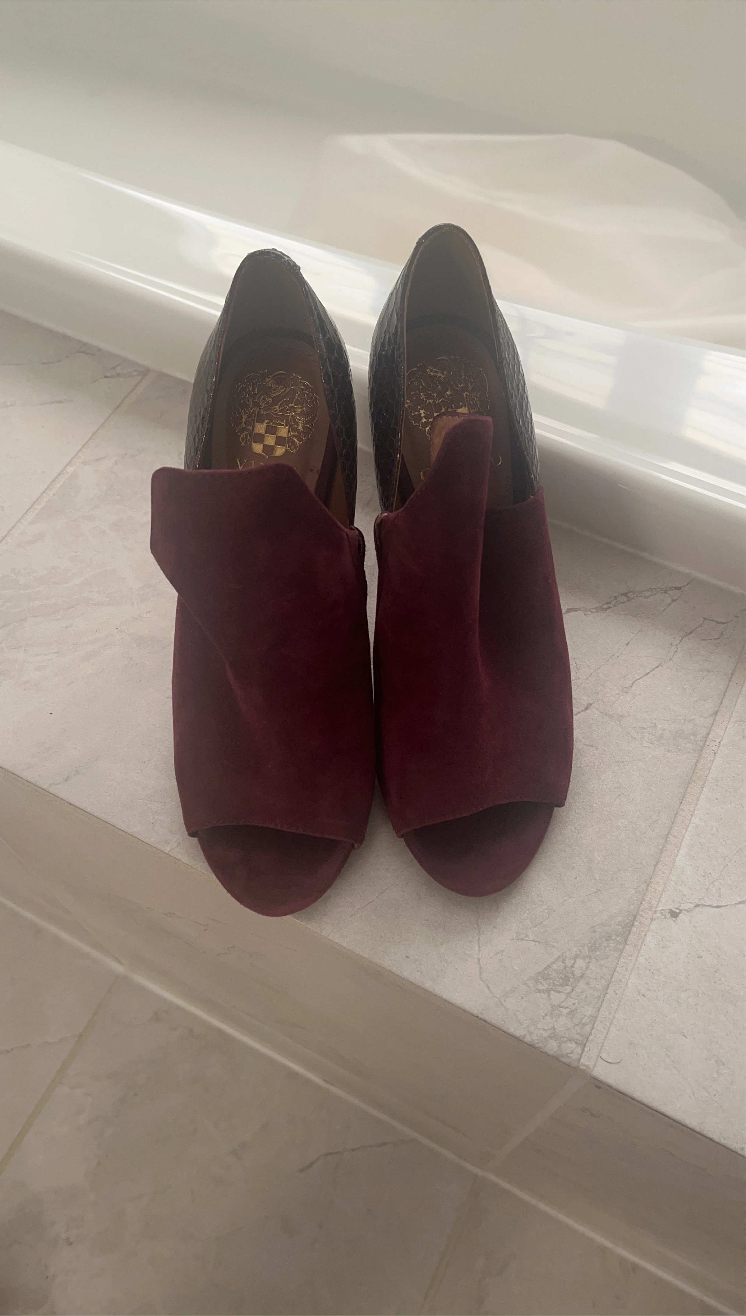 Vince Camuto Burgundy Suede & Faux Snake Peep-Toe Heels