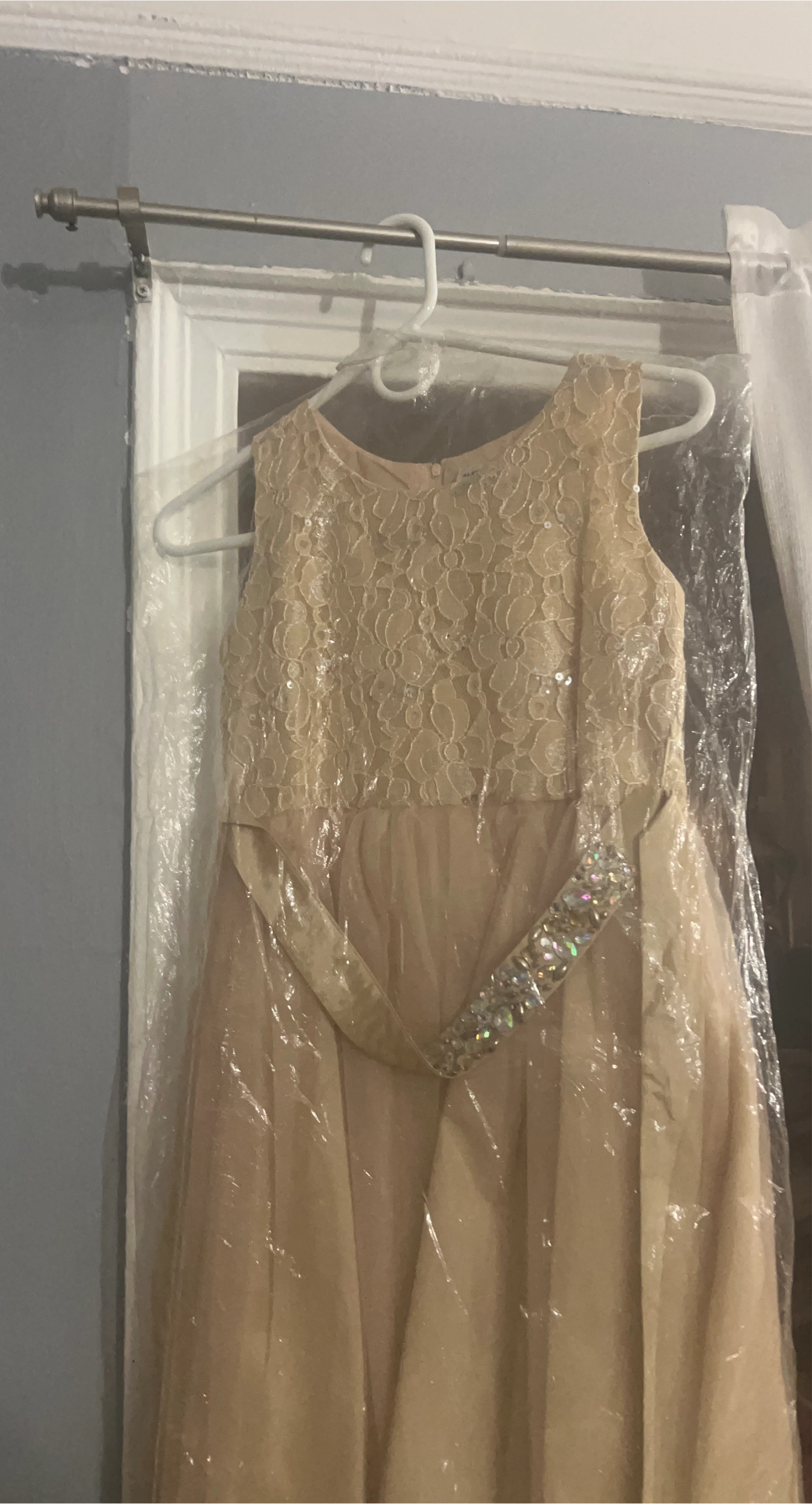 Beige Dress with Lace & Rhinestone Belt thumbnail