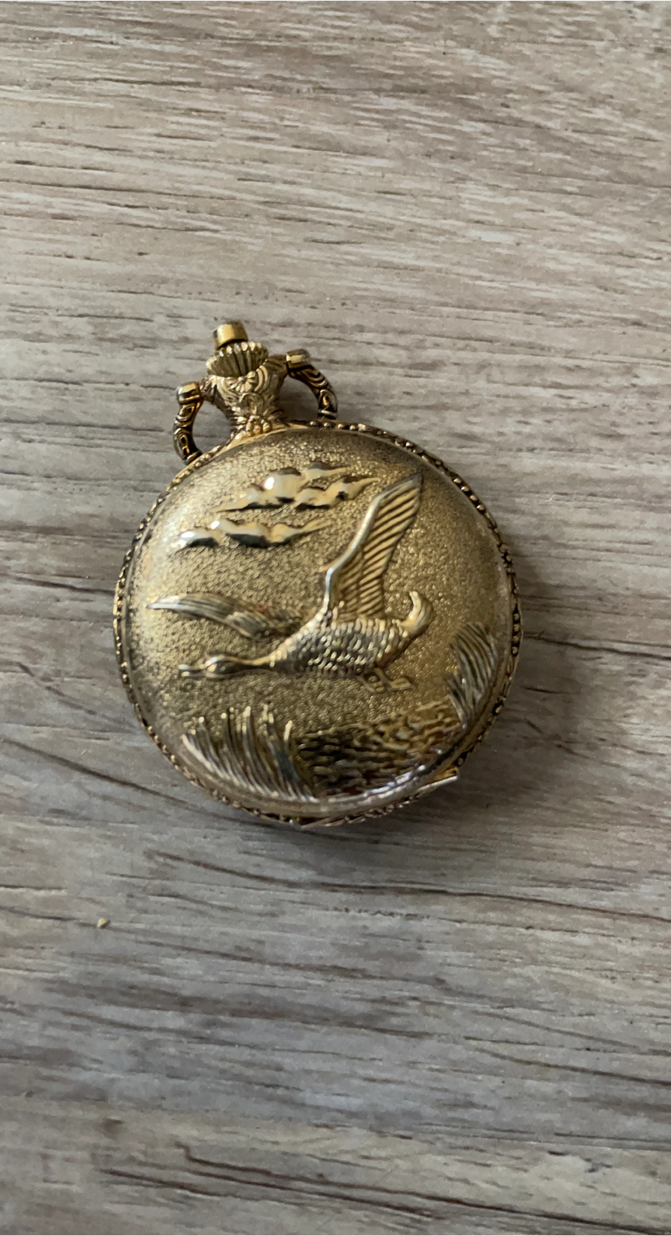 Vintage Gold Tone Pocket Watch with Bird Design thumbnail