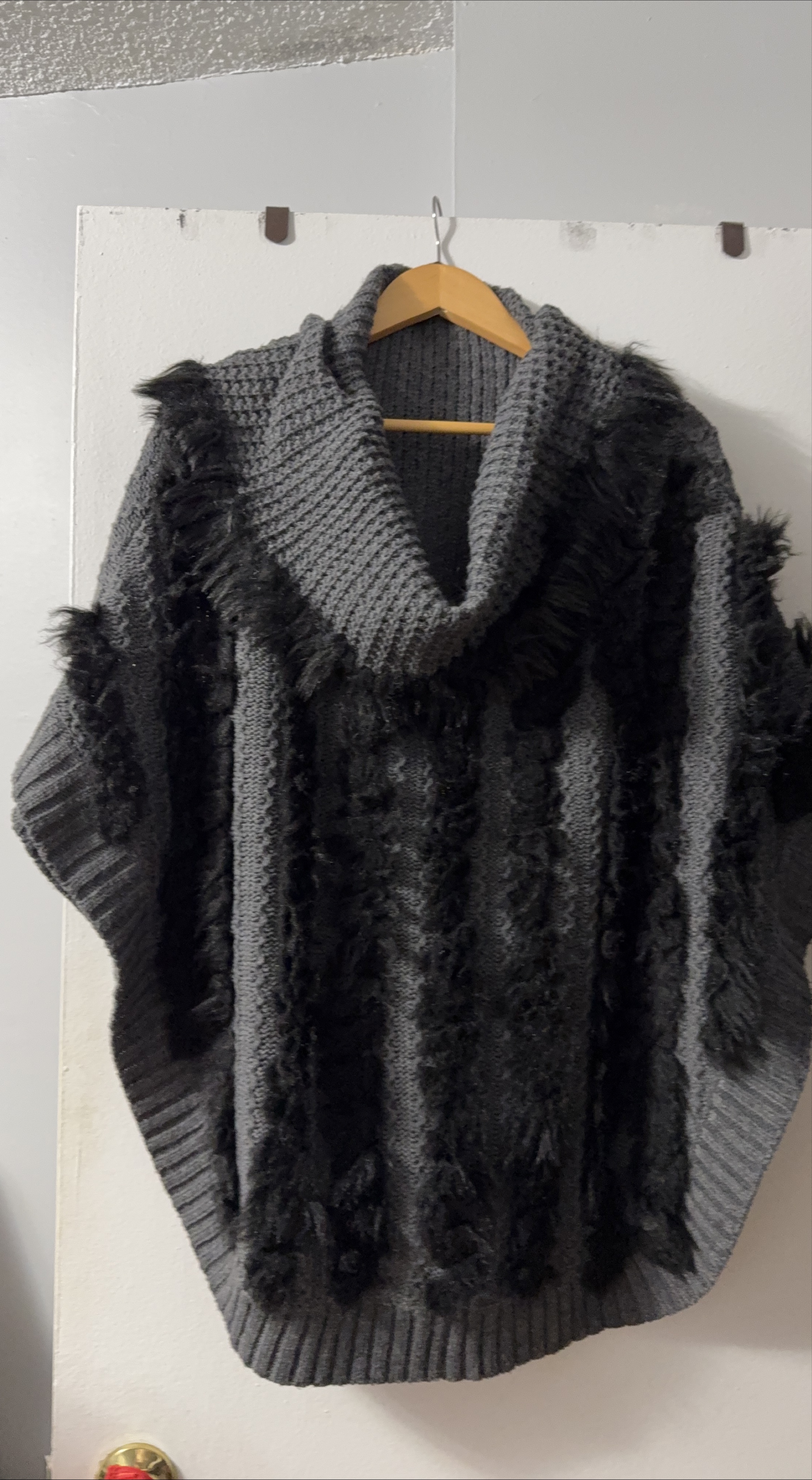 Grey Knit Poncho with Faux Fur Trim thumbnail