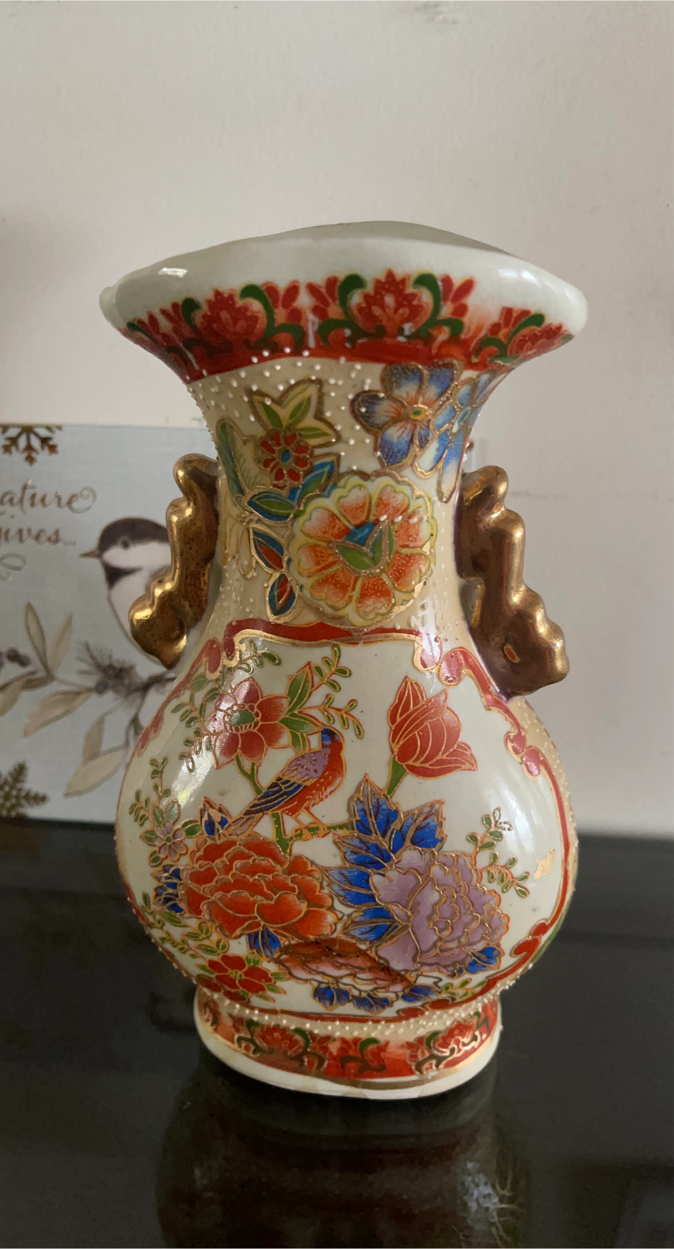 Vintage Floral Vase with Gold Accents thumbnail