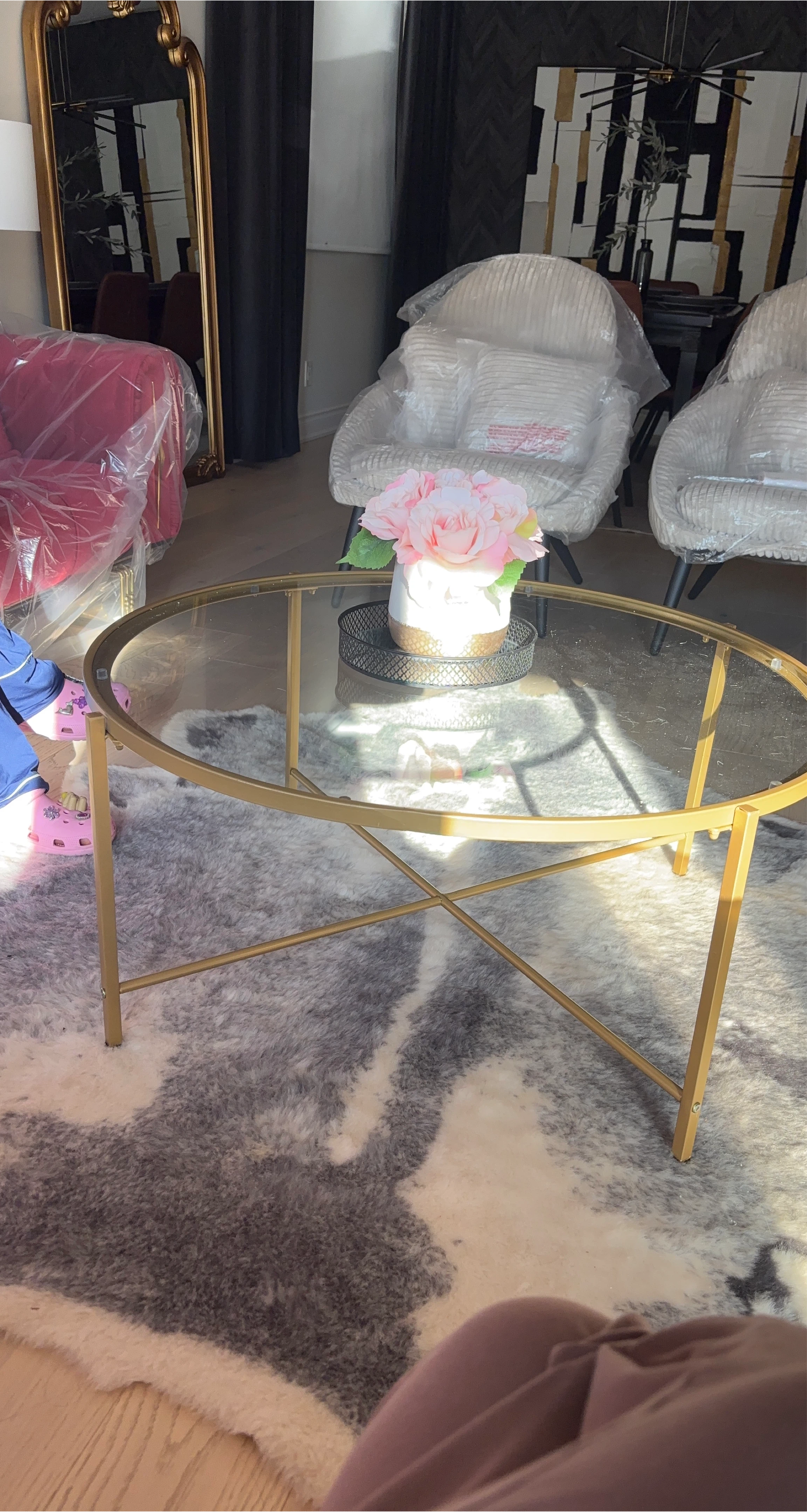 Gold Round Coffee Table with Glass Top