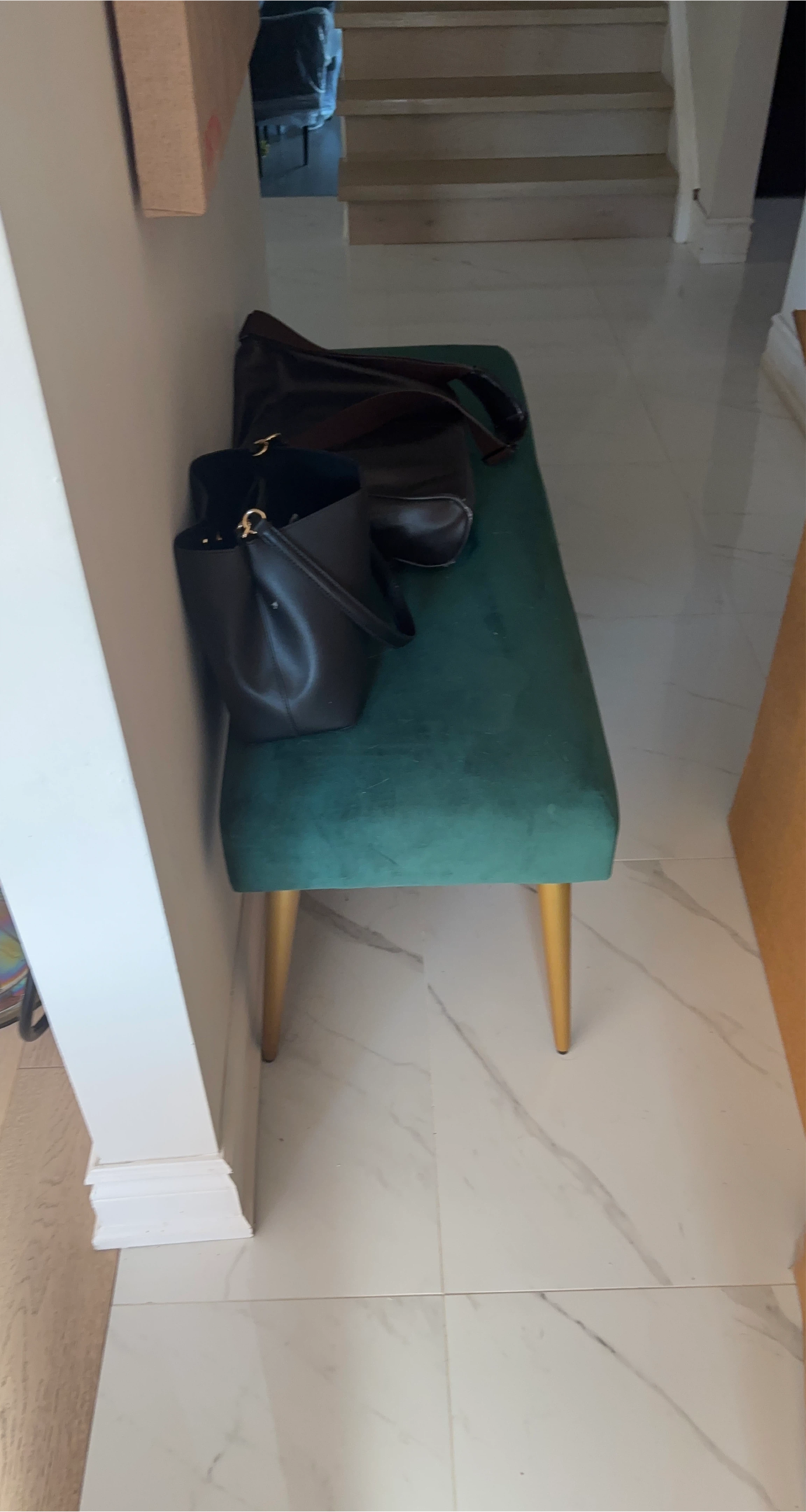 Emerald Green Velvet Bench with Gold Legs