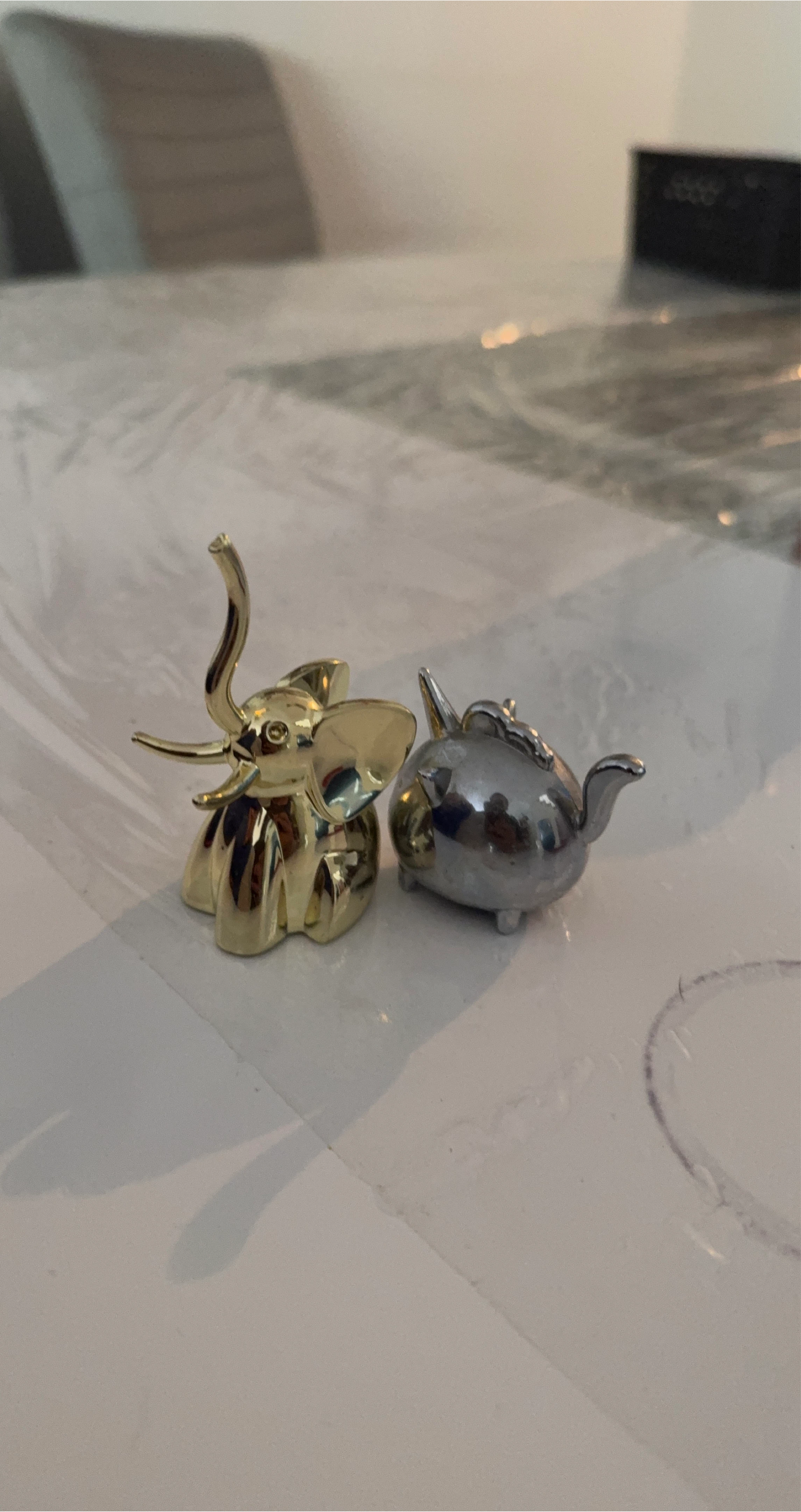 Gold Elephant and Silver Teapot Figurines