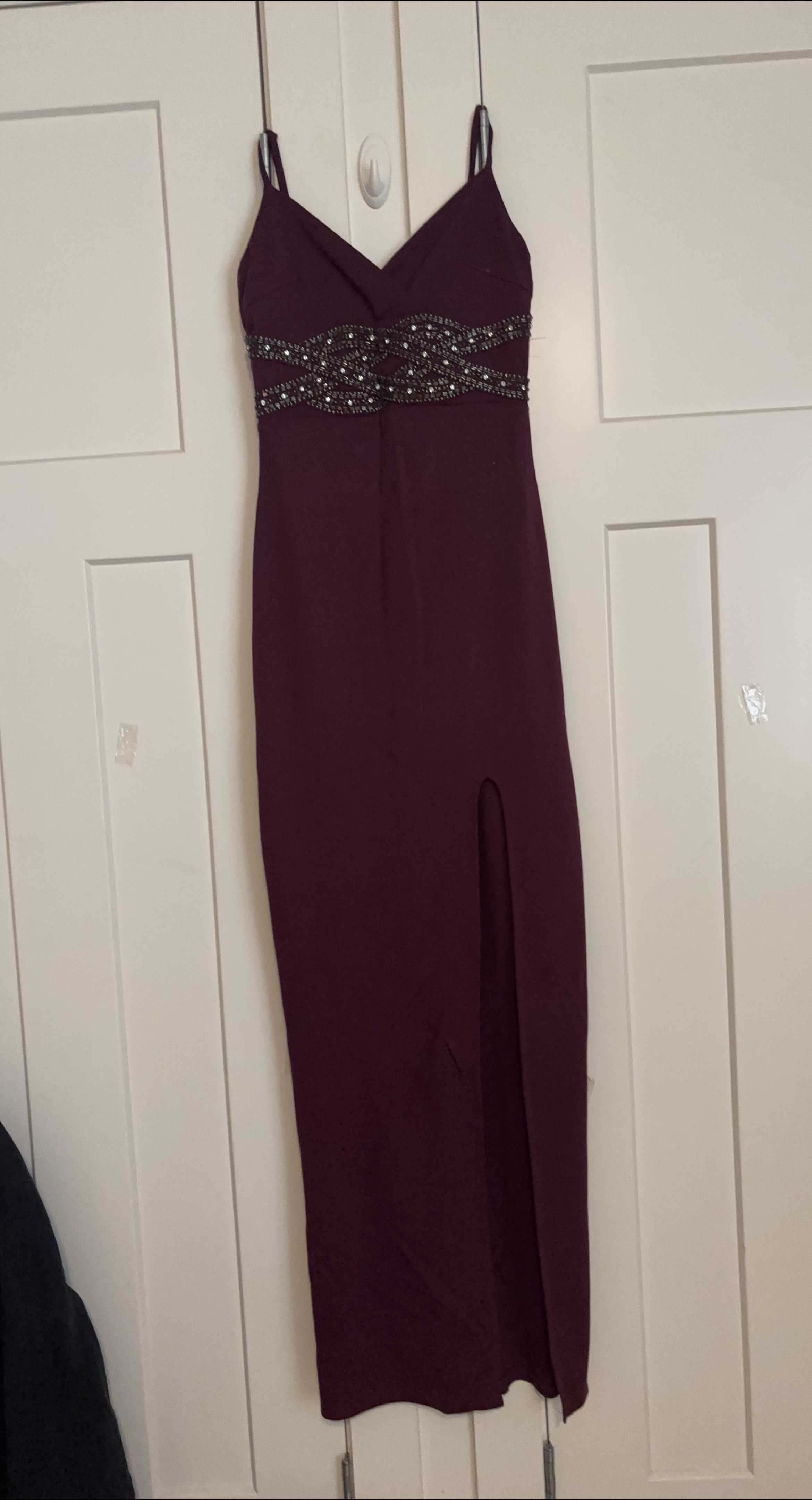 Burgundy beaded formal dress with slit