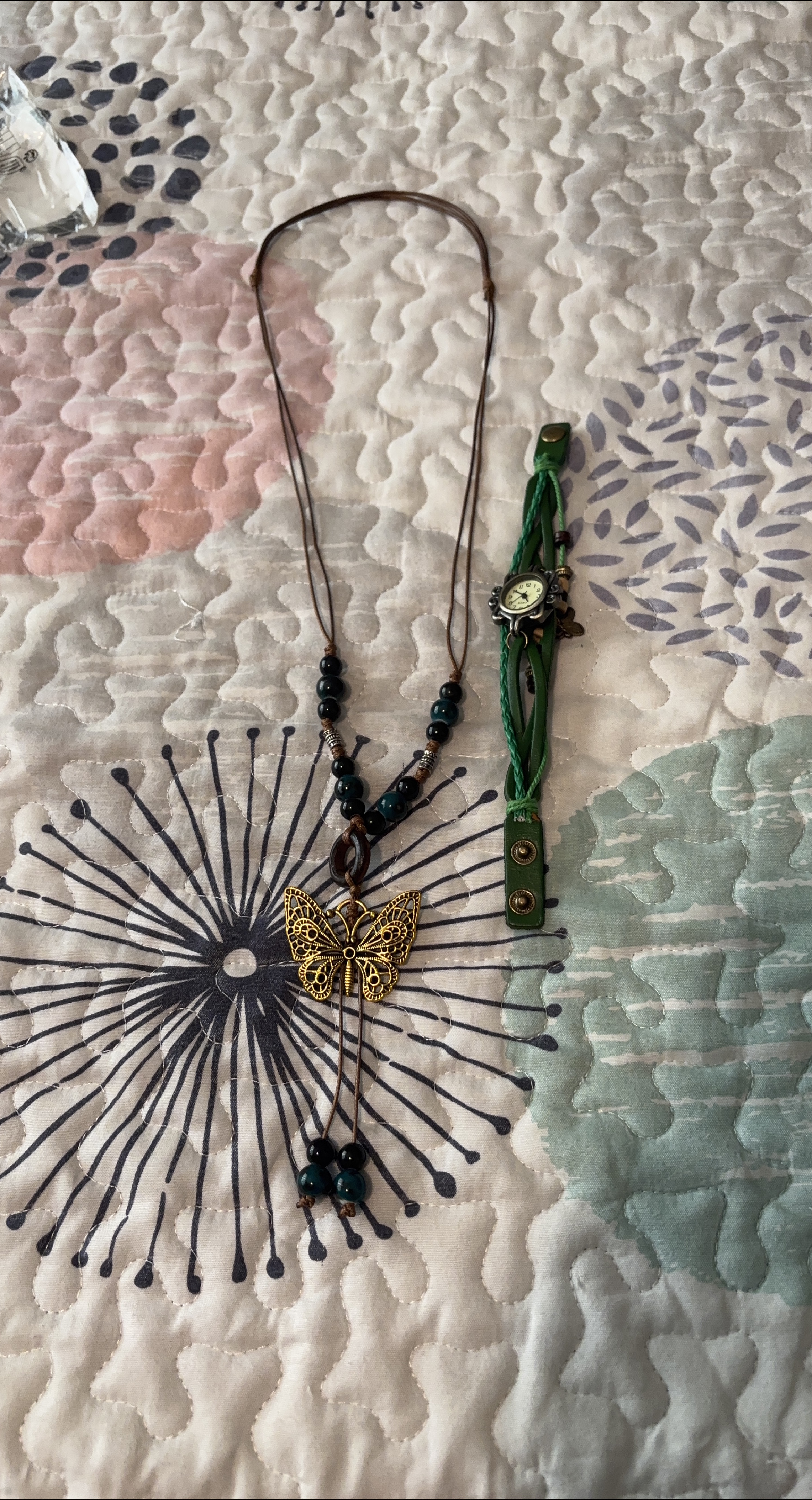 Necklace with Butterfly Pendant & Green Watch