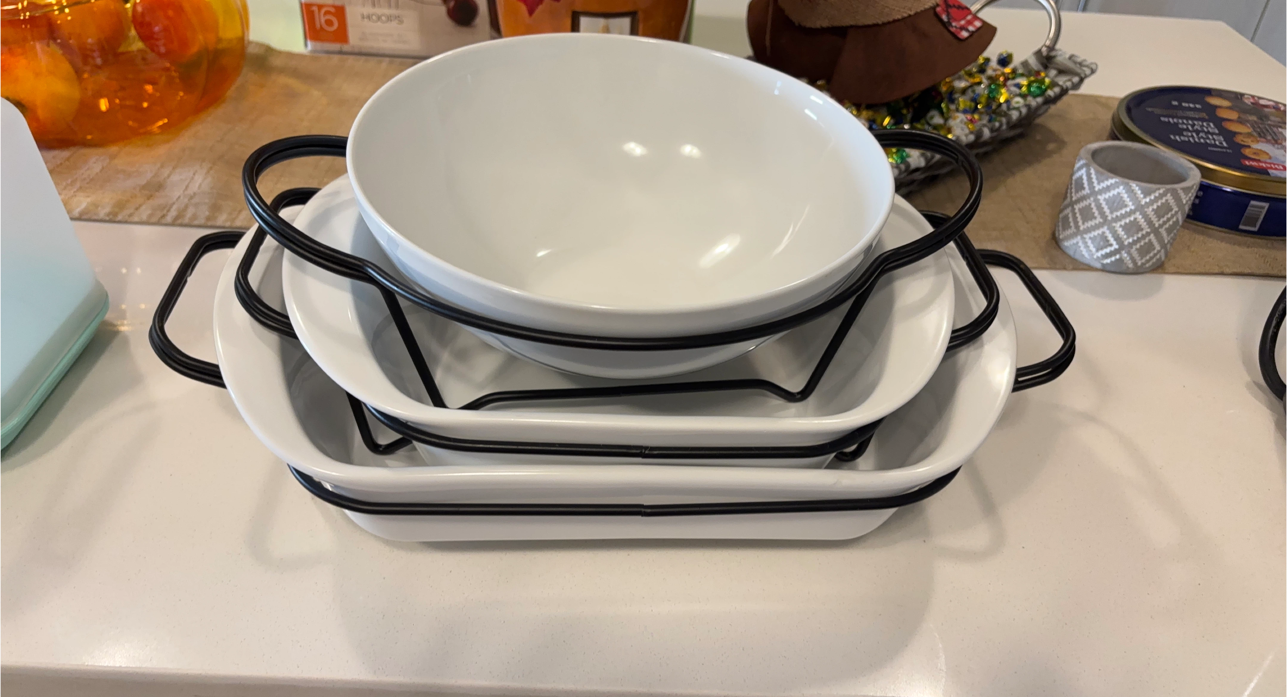 White Serving Dishes with Black Metal Rack thumbnail