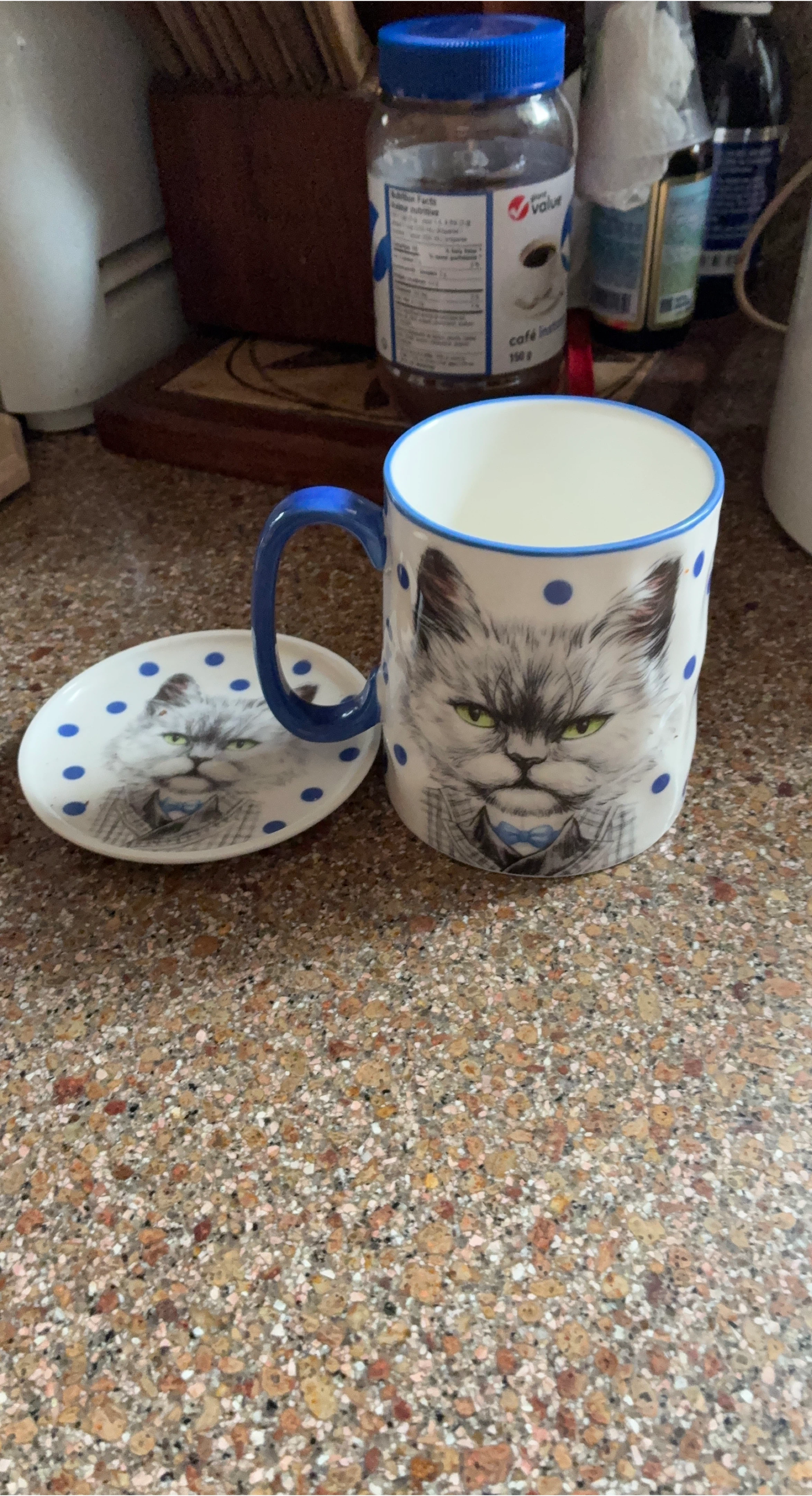 Grumpy Cat Mug and Saucer Set - Blue & White thumbnail