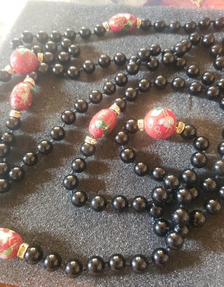 Beaded Necklace with Red Floral Accents thumbnail
