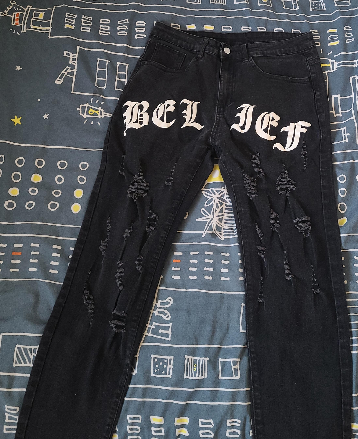 Black Distressed Jeans with "BELIEF" Design thumbnail
