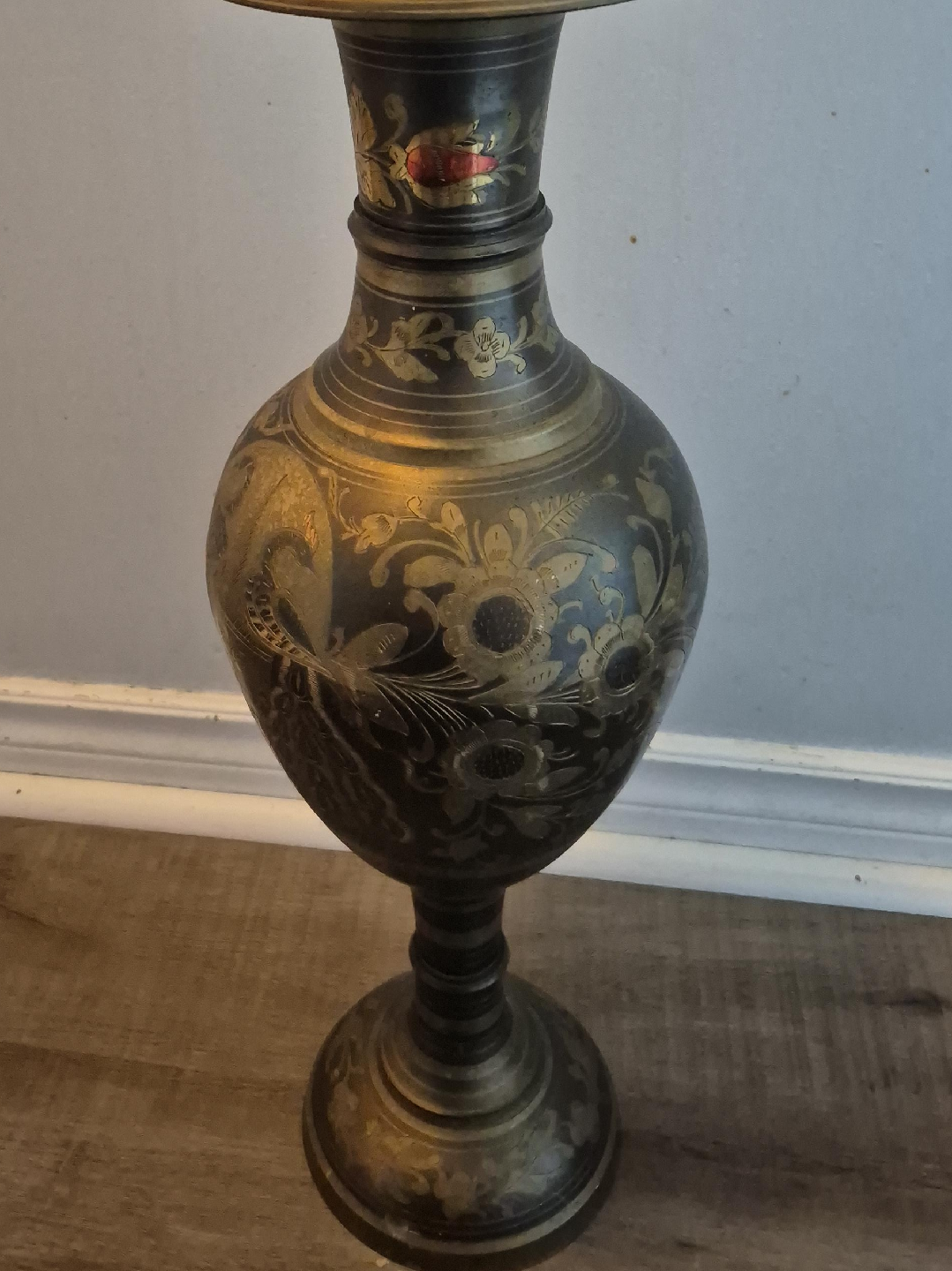 Vintage Brass Vase with Floral Design thumbnail