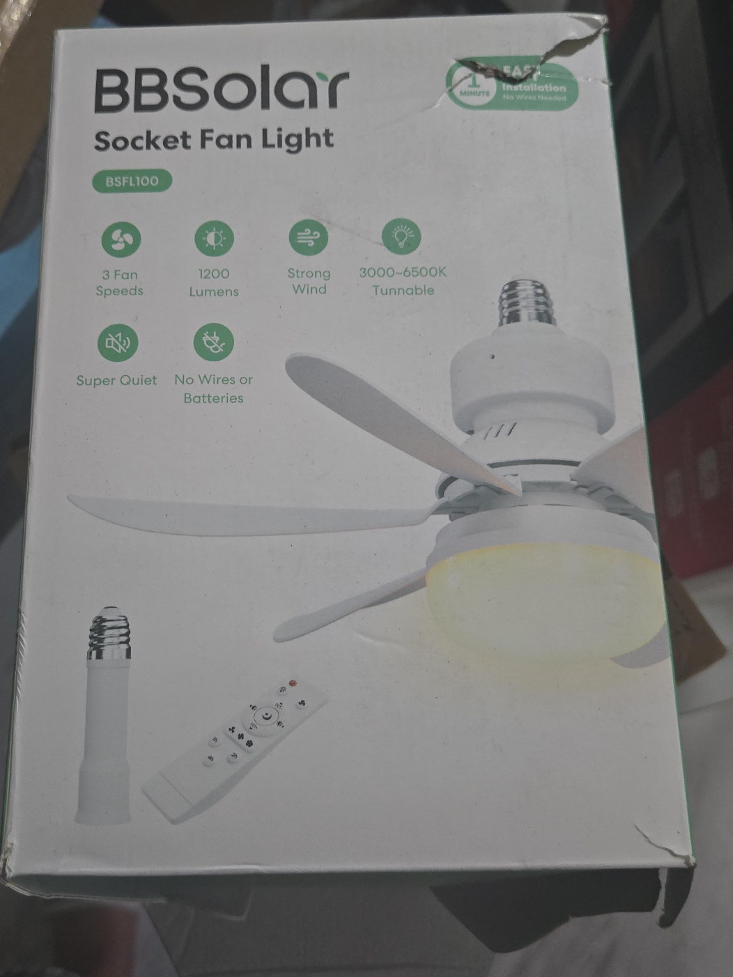 BBSolar Socket Fan Light - 3 Speed, 1200 Lumens thumbnail