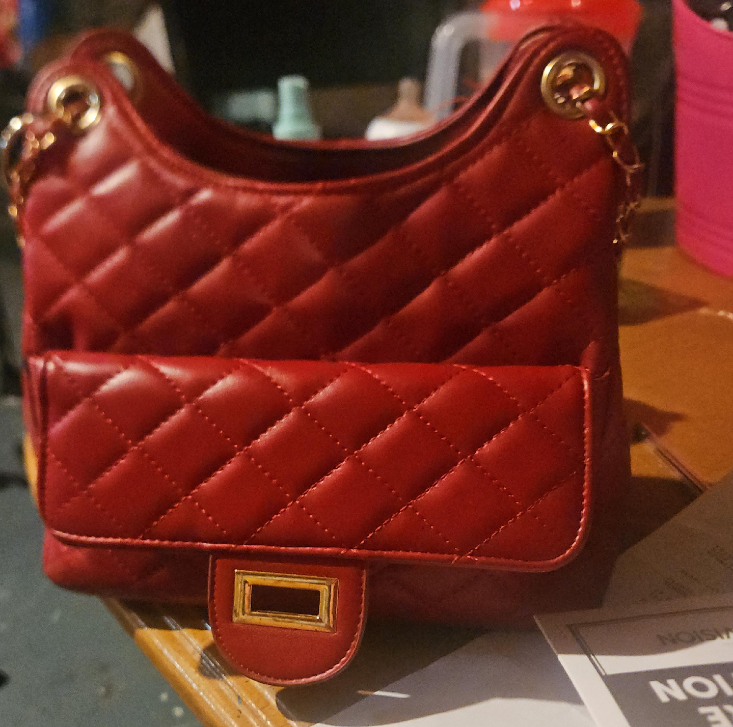Red Quilted Handbag with Chain Strap