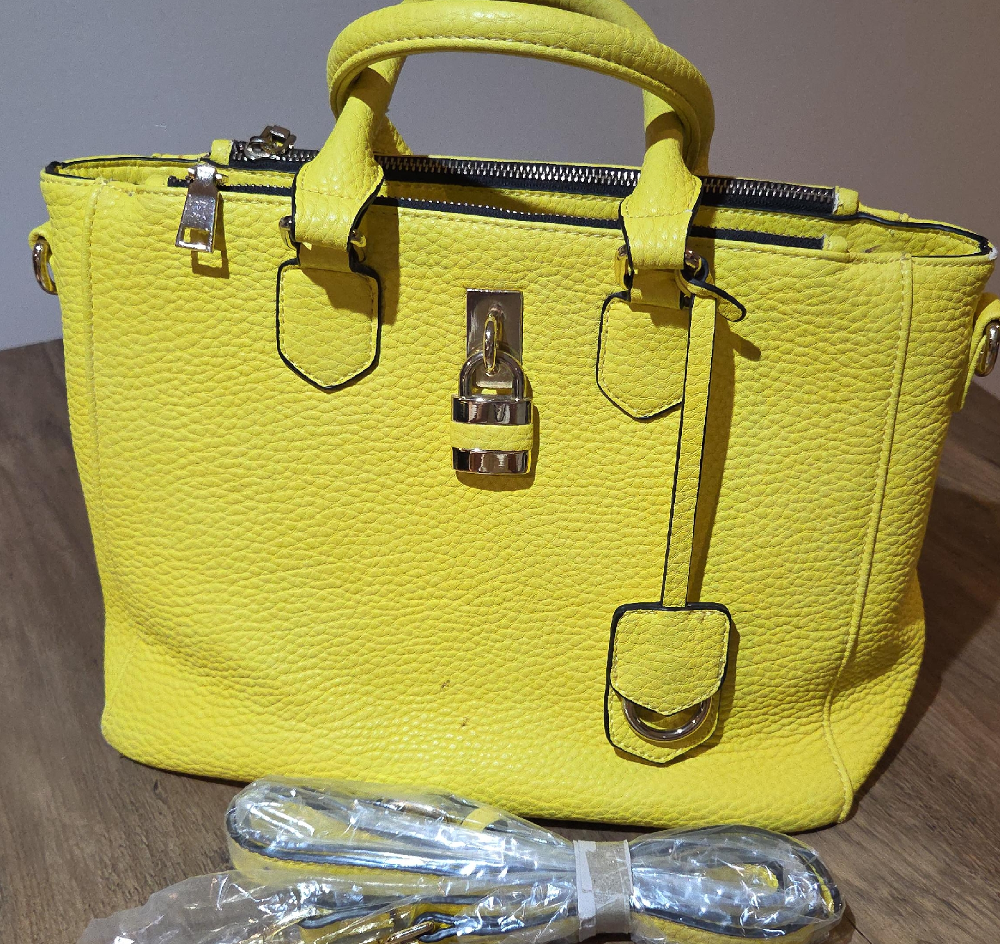 Yellow Leather Satchel Handbag with Strap thumbnail
