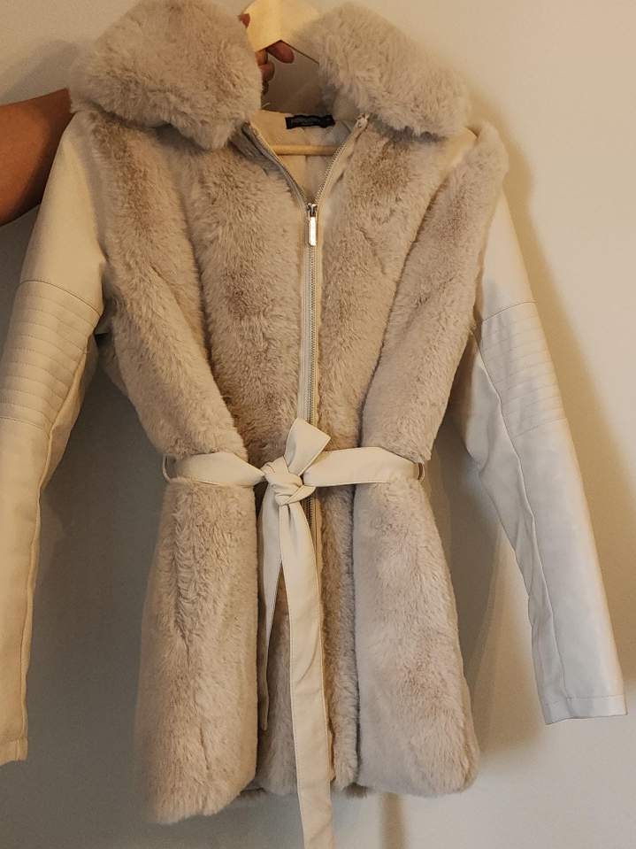 Faux Fur & Leather Jacket with Belt - Size Small thumbnail