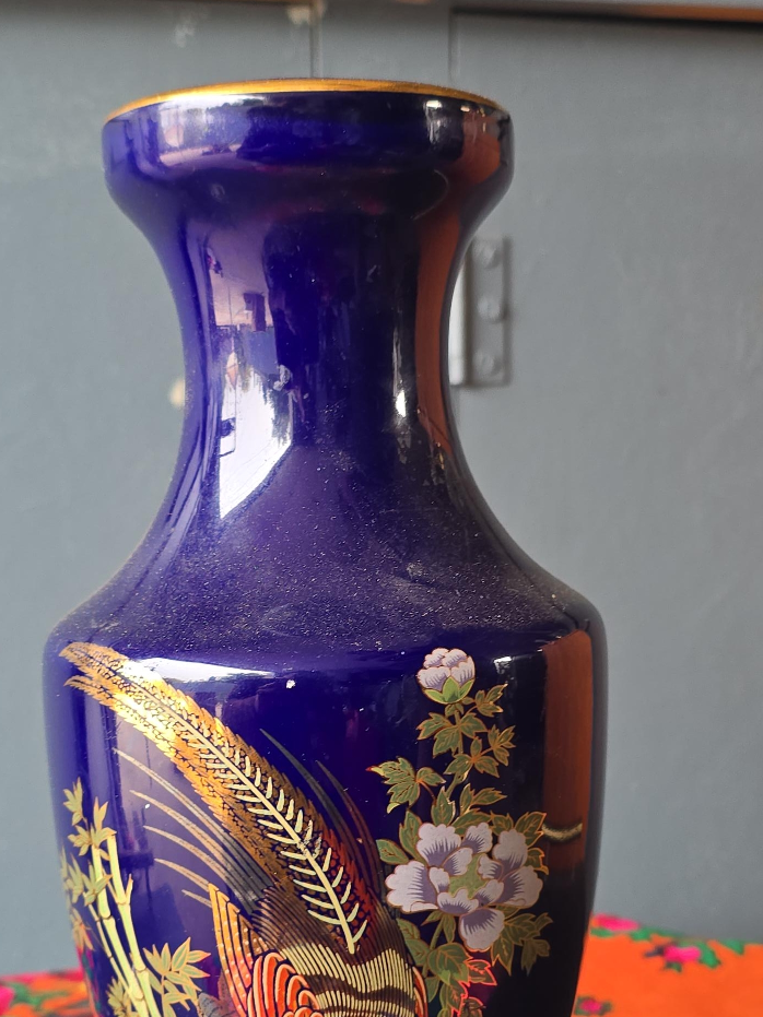 Vintage Blue Vase with Floral & Bird Design thumbnail