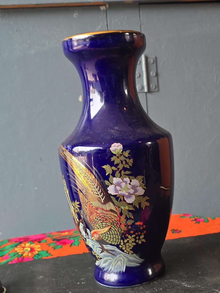 Vintage Blue Vase with Floral Bird Design