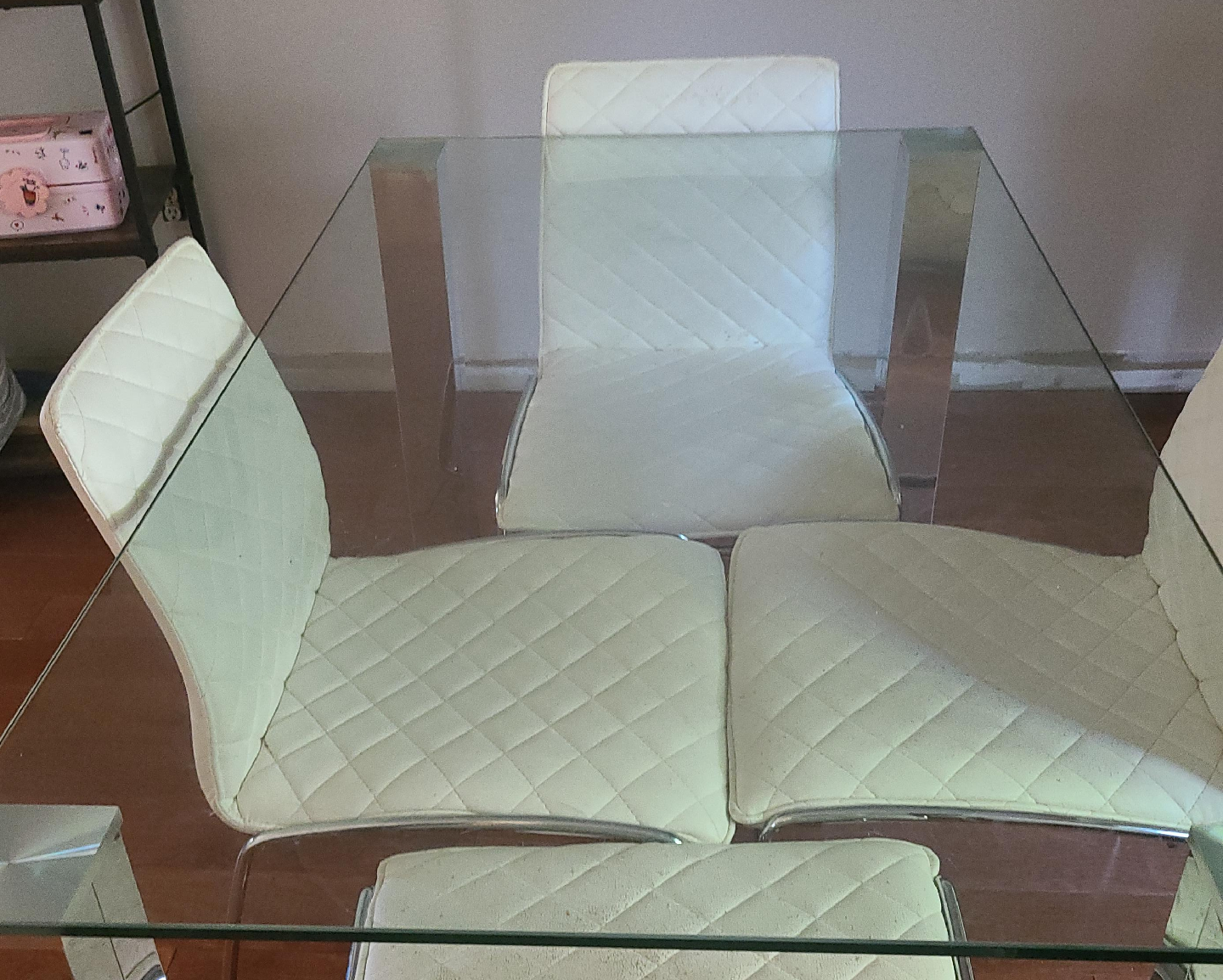 Glass Dining Table with 4 White Chairs