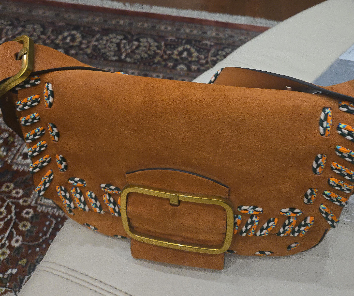Brown Suede Crossbody Bag with Embellishments