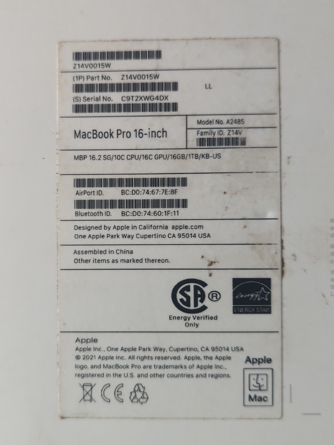 Apple MacBook Pro 16-inch (A2485) 1TB SSD, 16GB RAM
