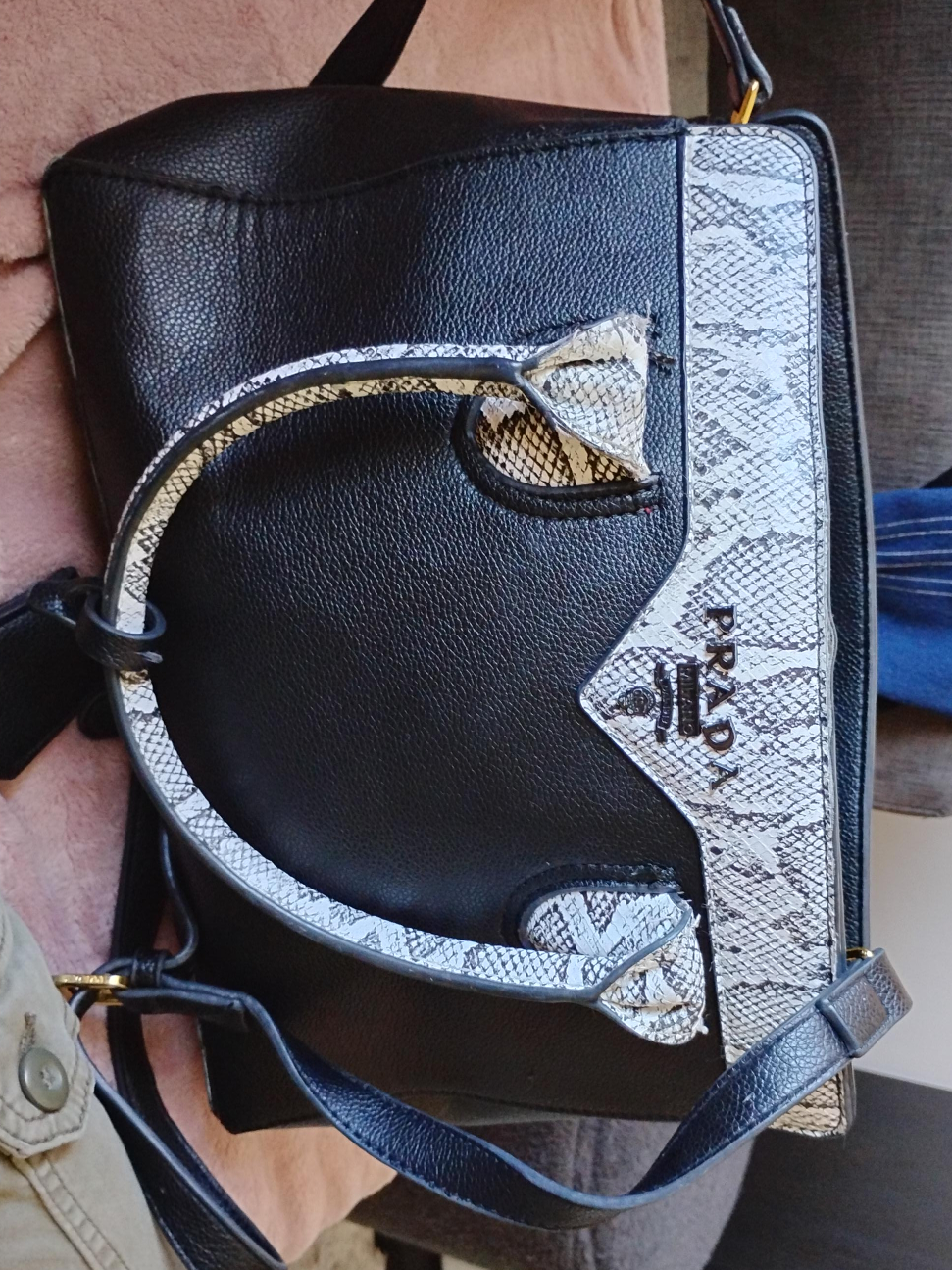 Prada Black Leather & Snakeskin Trim Handbag thumbnail