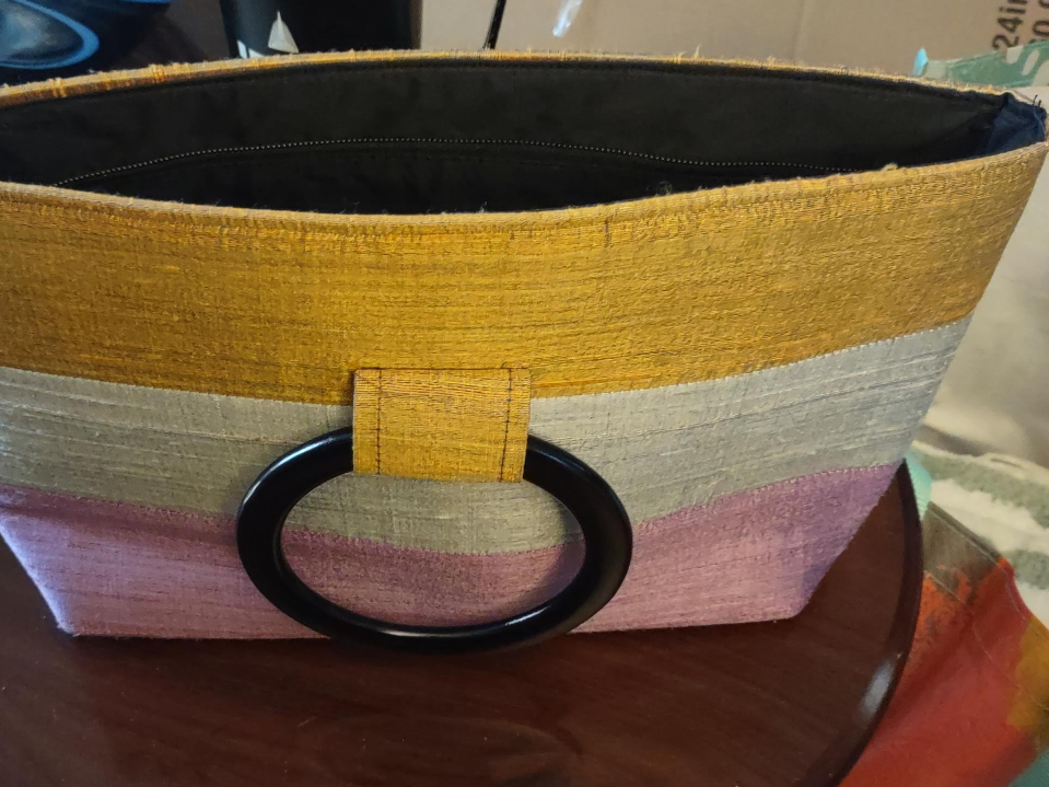 Striped Silk hand Bag with Black Handle