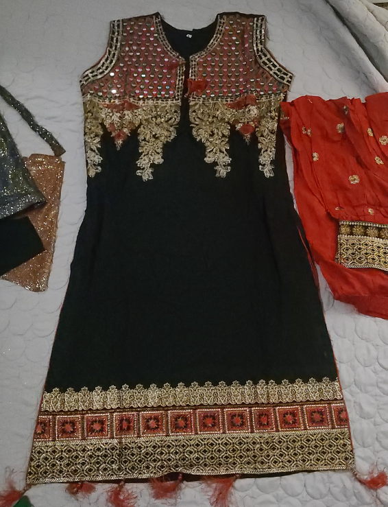 Embroidered Black Dress with Red Scarf
