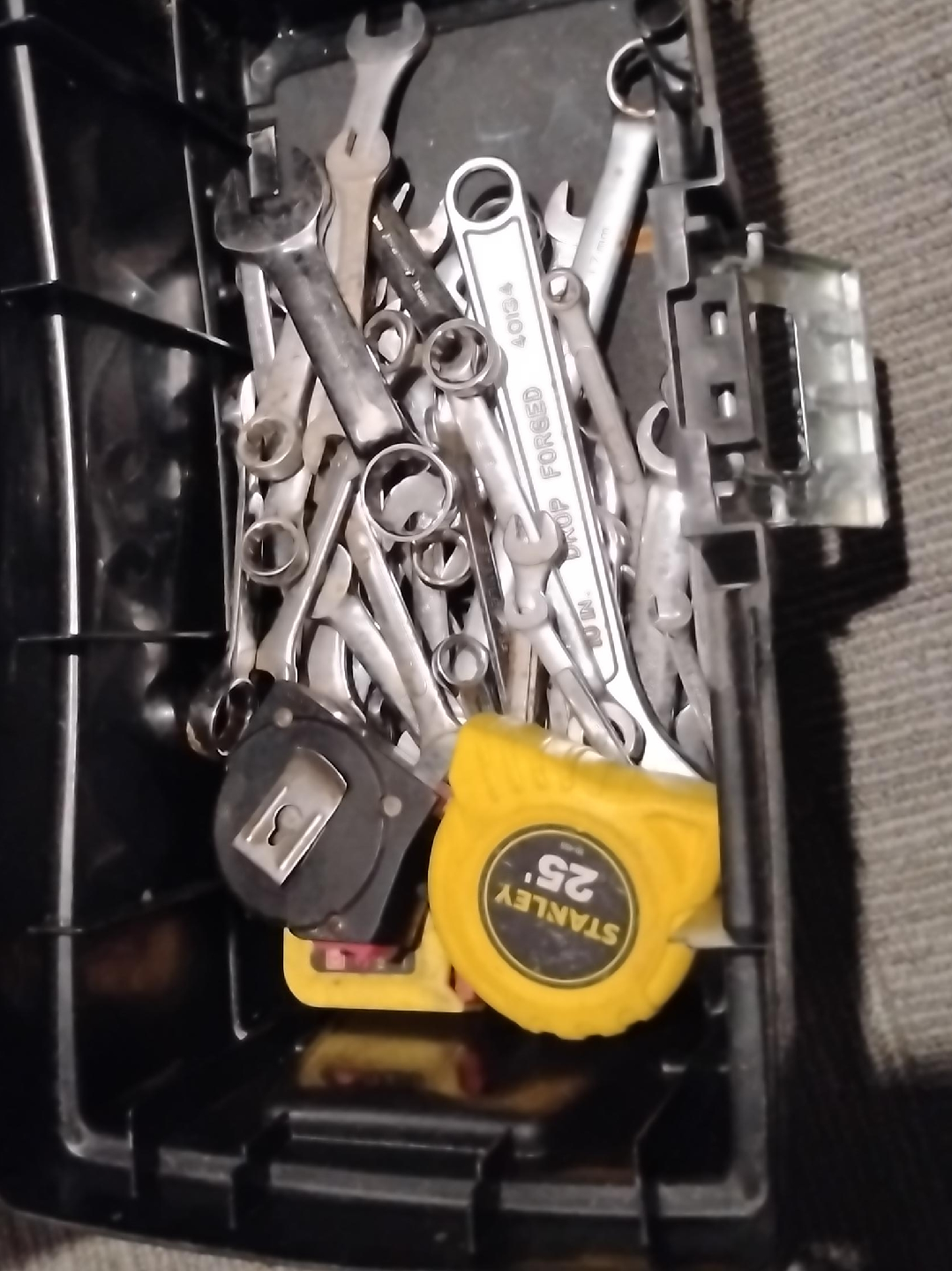 Toolbox with Stanley Tape Measure and Wrenches