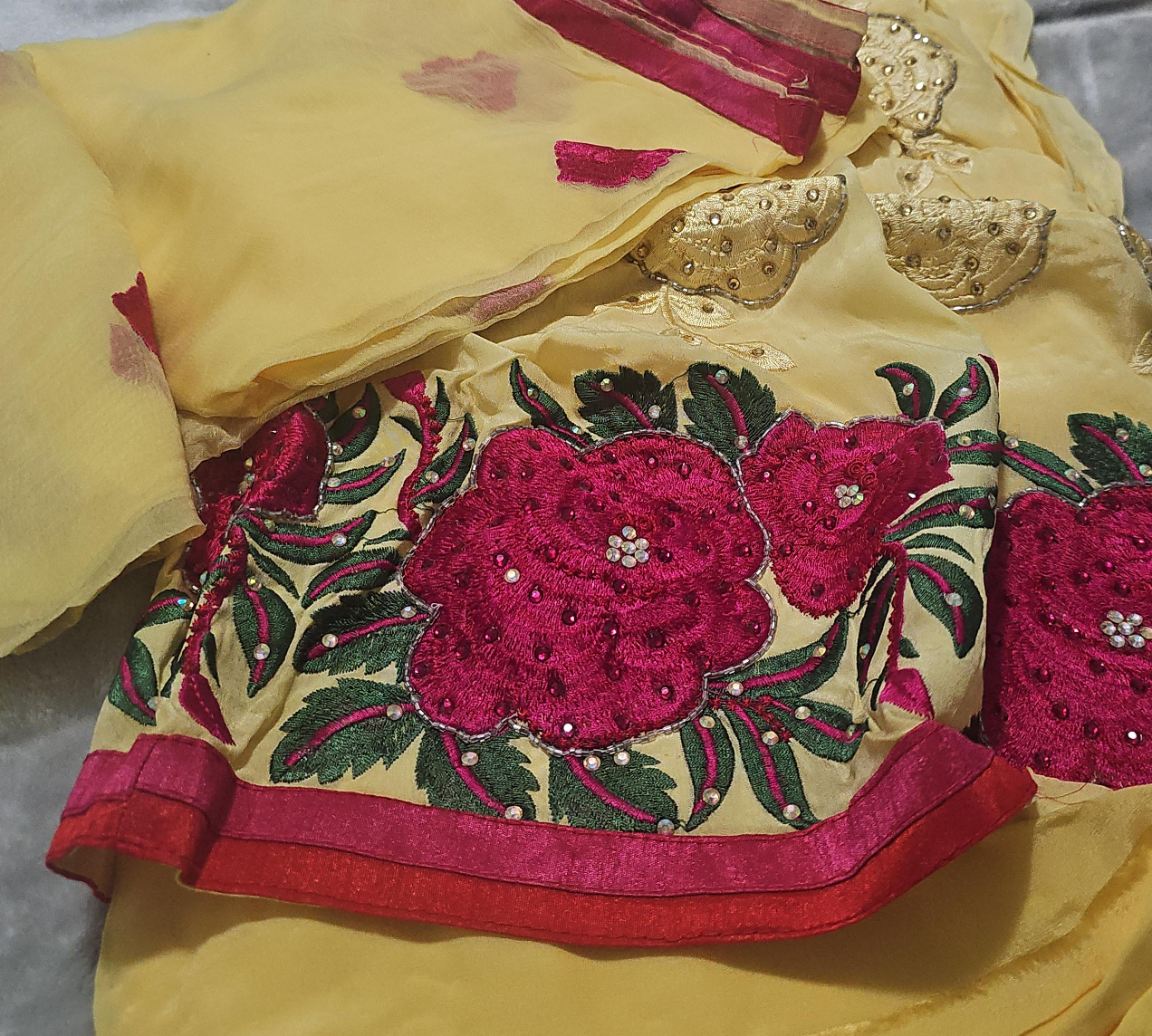 Yellow Silk  Embroidered suit with chiffon duppatta thumbnail
