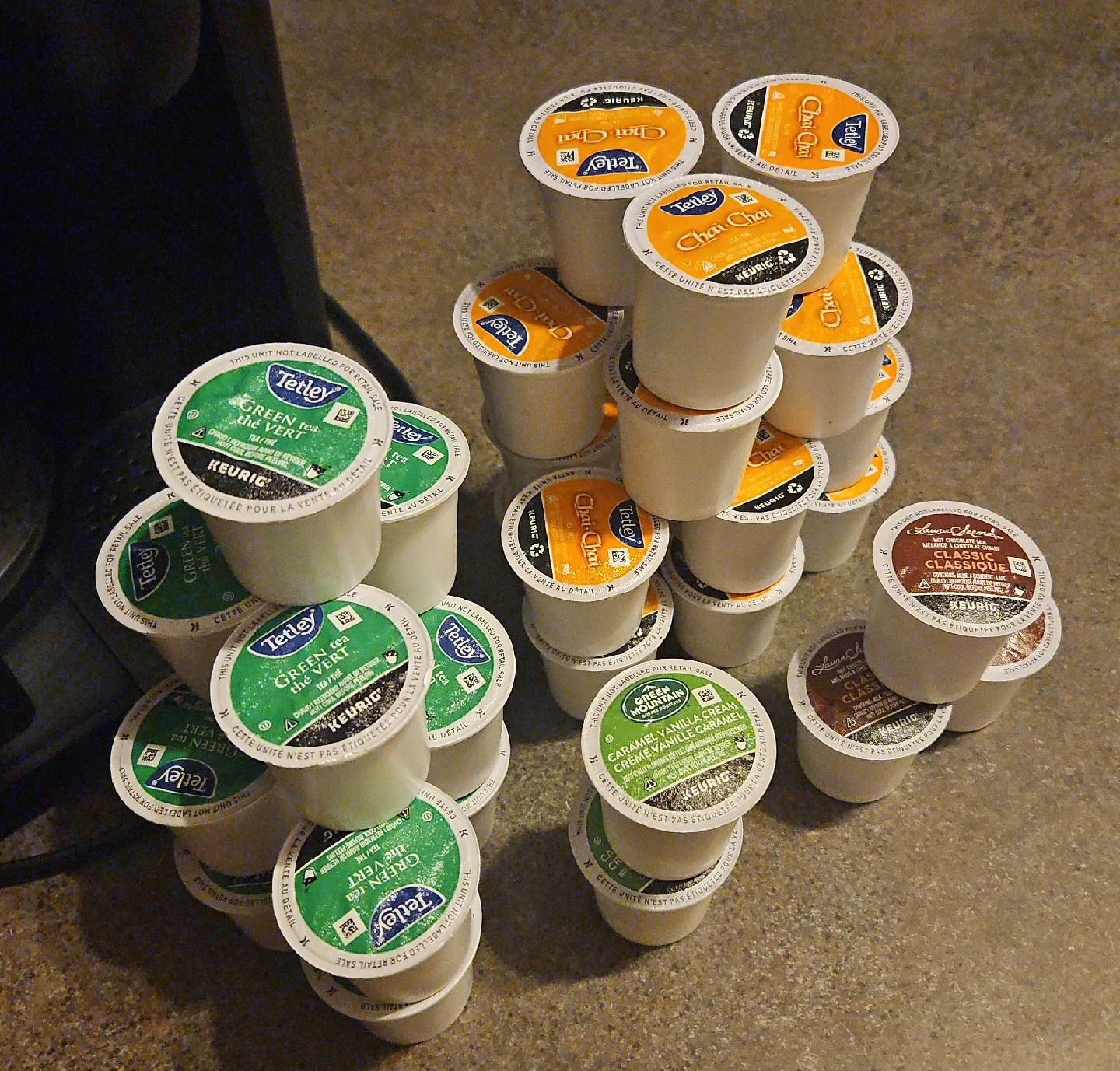 Variety of K-Cups: Tetley, Green Mountain, Laura Secord